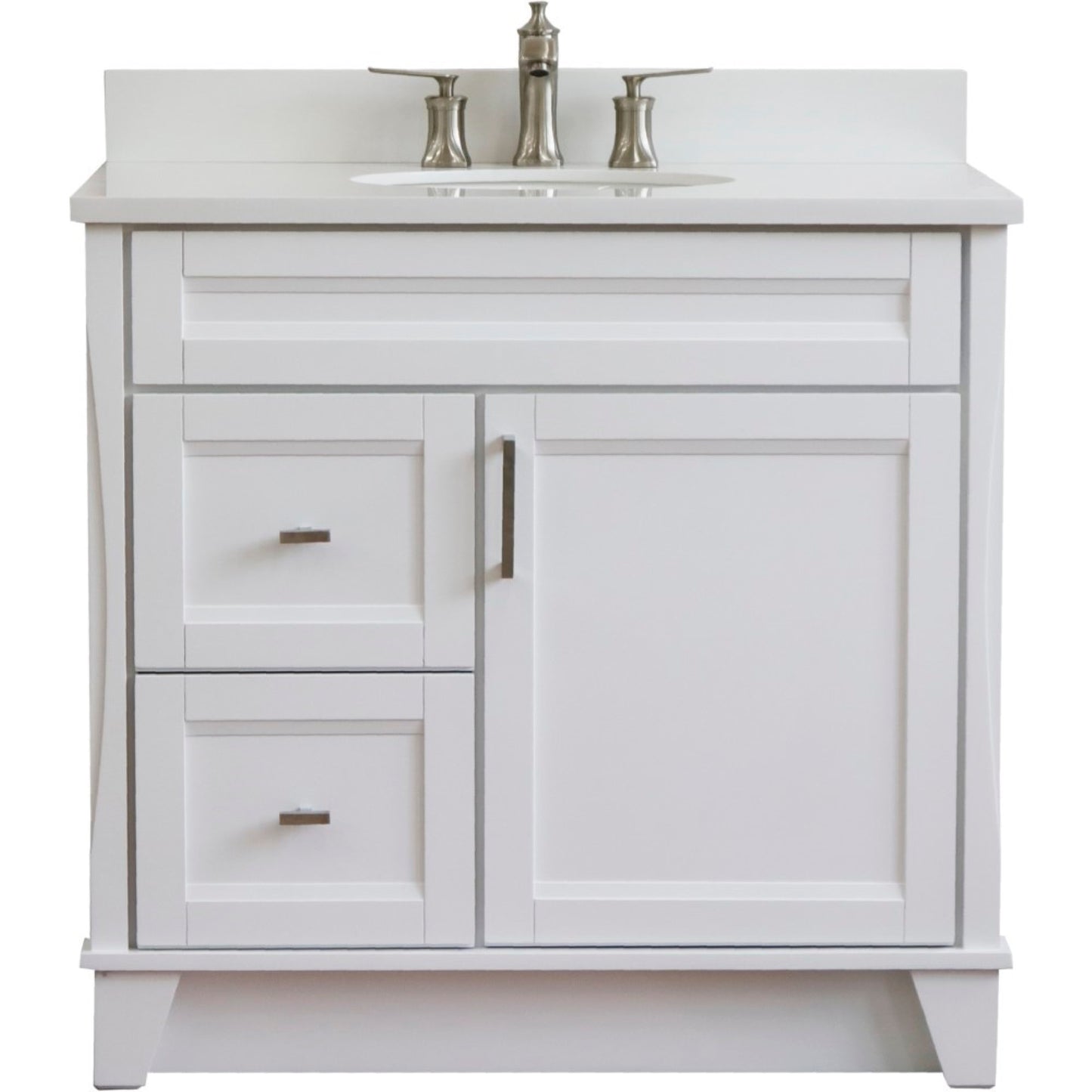 37" Single sink vanity in White finish with White engineered stone and CENTER oval sink RIGHT drawers