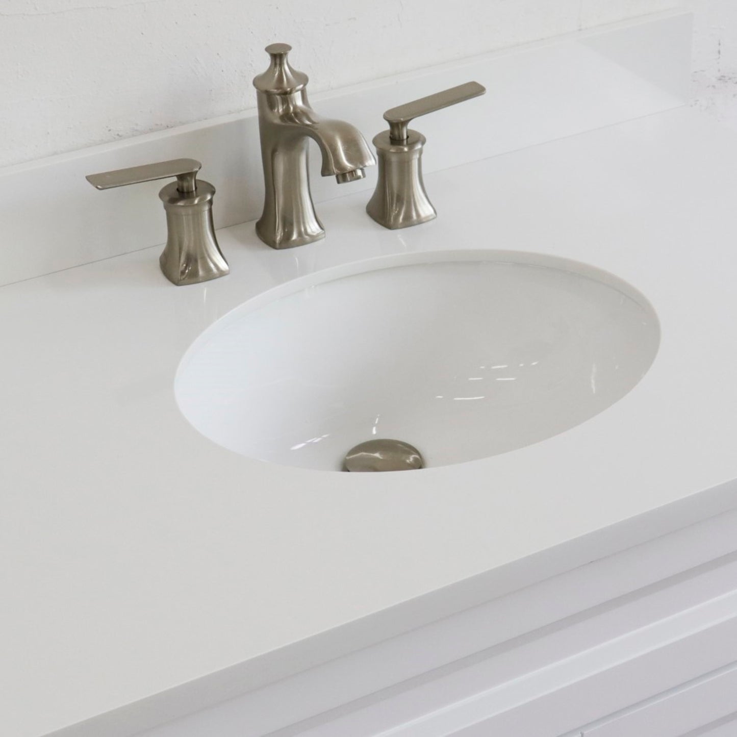 37" Single sink vanity in White finish with White engineered stone and CENTER oval sink RIGHT drawers