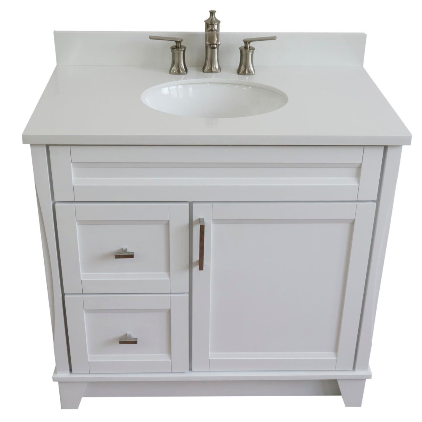 37" Single sink vanity in White finish with White engineered stone and CENTER oval sink RIGHT drawers