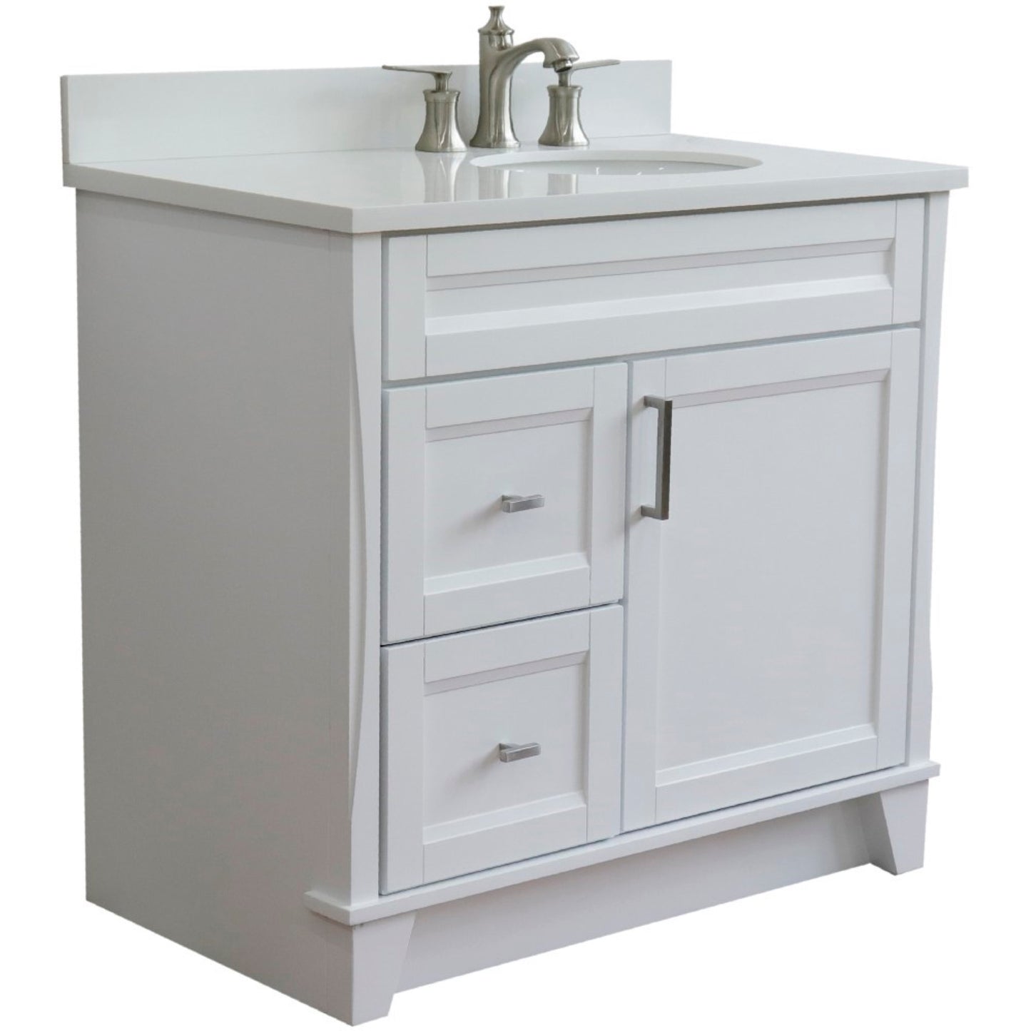 37" Single sink vanity in White finish with White engineered stone and LEFT oval sink RIGHT drawers