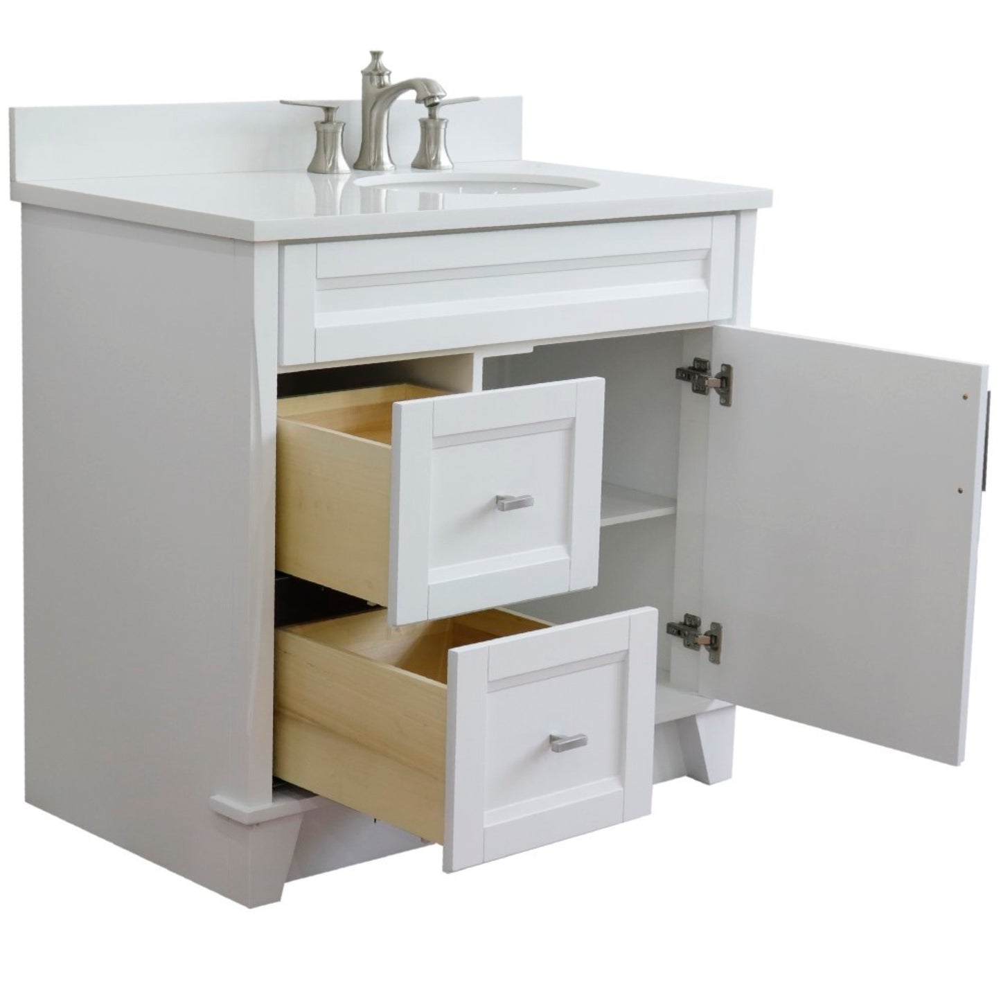 37" Single sink vanity in White finish with White engineered stone and LEFT oval sink RIGHT drawers