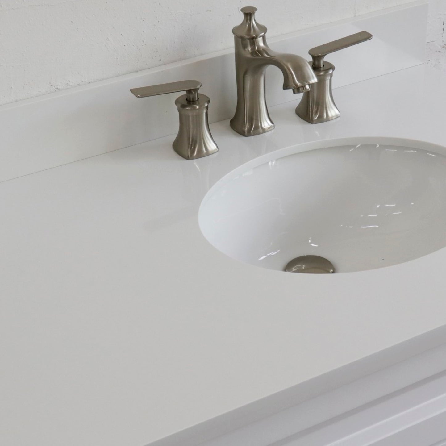 37" Single sink vanity in White finish with White engineered stone and LEFT oval sink RIGHT drawers