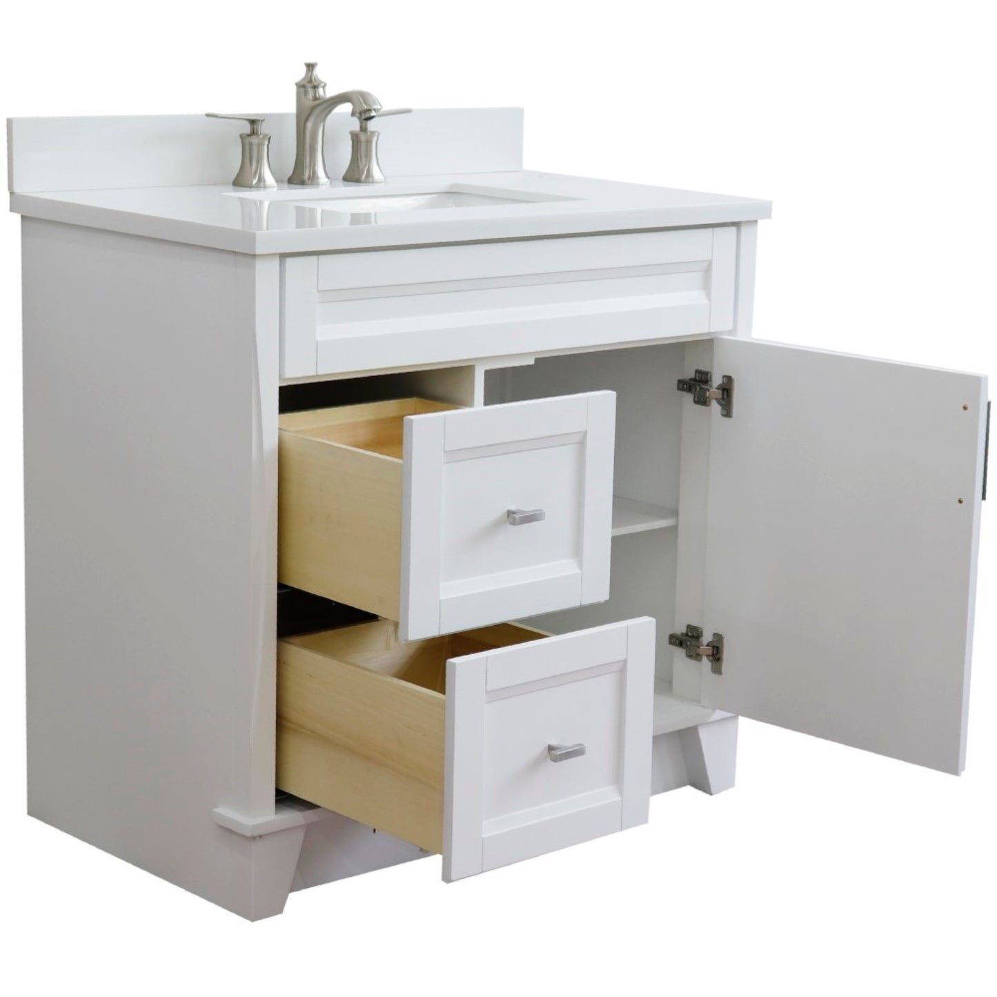 37" Single sink vanity in White finish with White engineered stone and CENTER rectangle sink RIGHT drawers