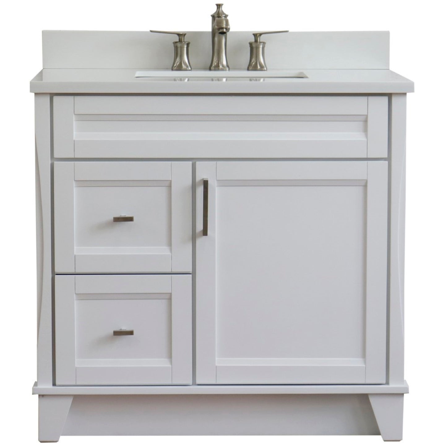 37" Single sink vanity in White finish with White engineered stone and CENTER rectangle sink RIGHT drawers