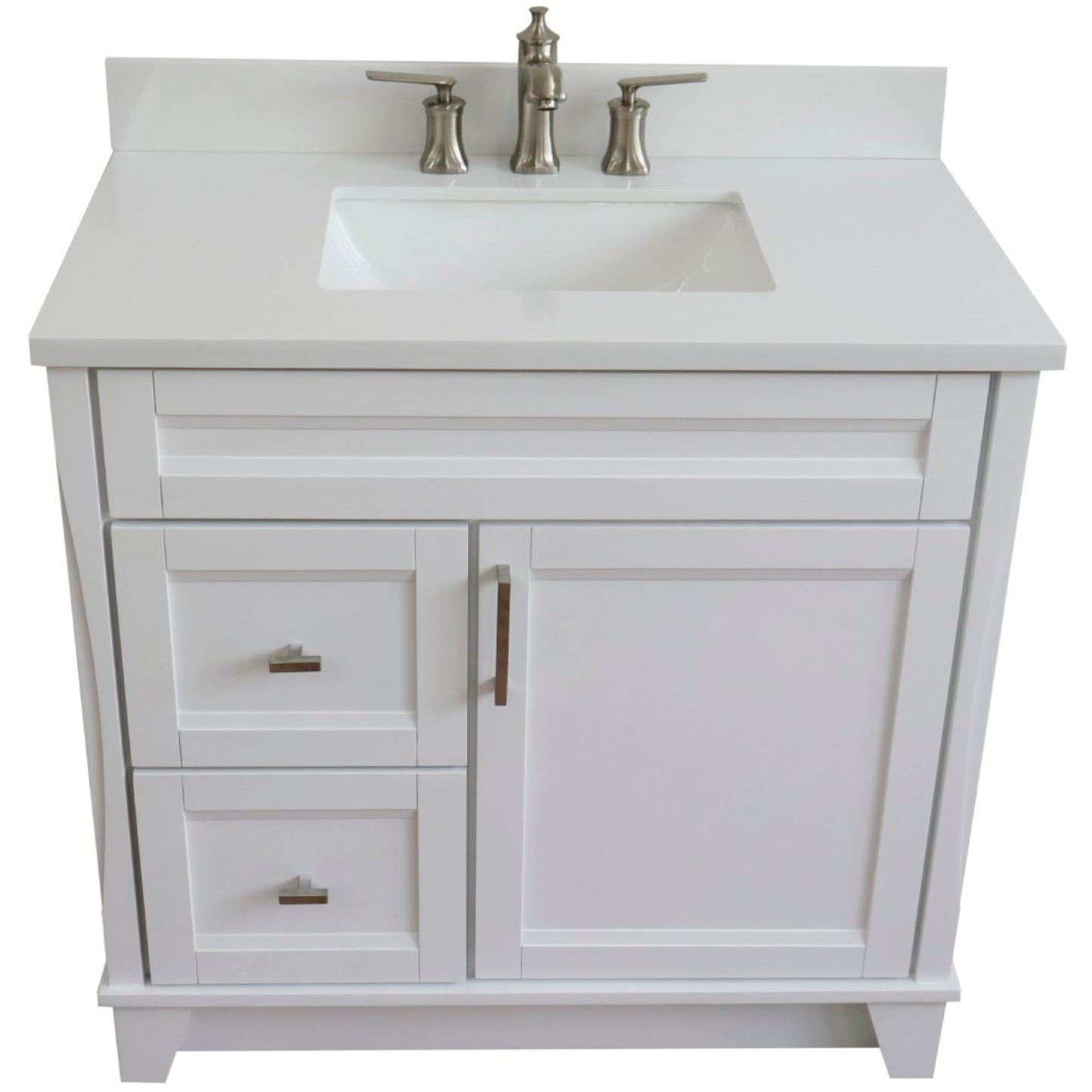 37" Single sink vanity in White finish with White engineered stone and CENTER rectangle sink RIGHT drawers
