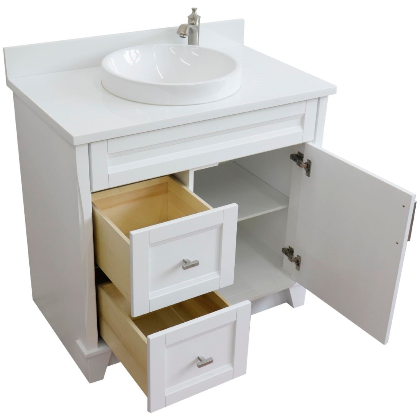 37" Single sink vanity in White finish with White engineered stone and CENTER round sink RIGHT drawers