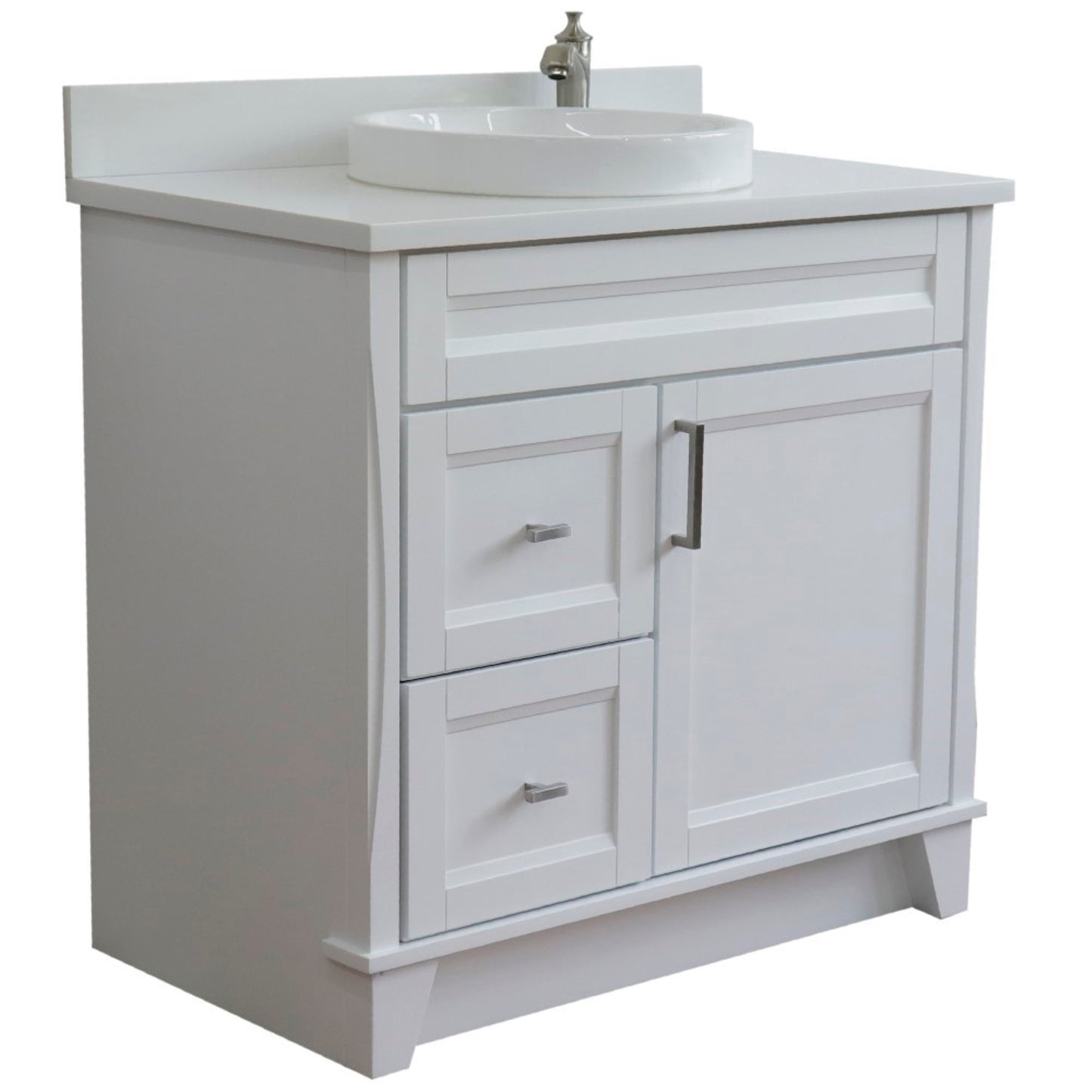 37" Single sink vanity in White finish with White engineered stone and CENTER round sink RIGHT drawers