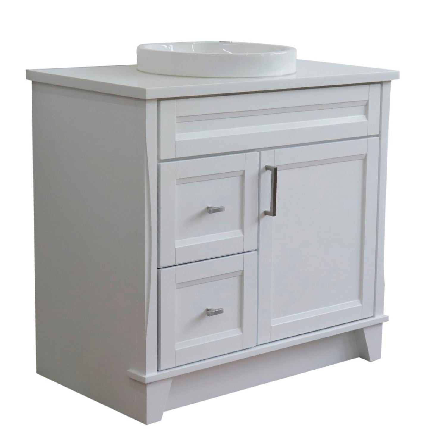 37" Single sink vanity in White finish with White engineered stone and CENTER round sink RIGHT drawers