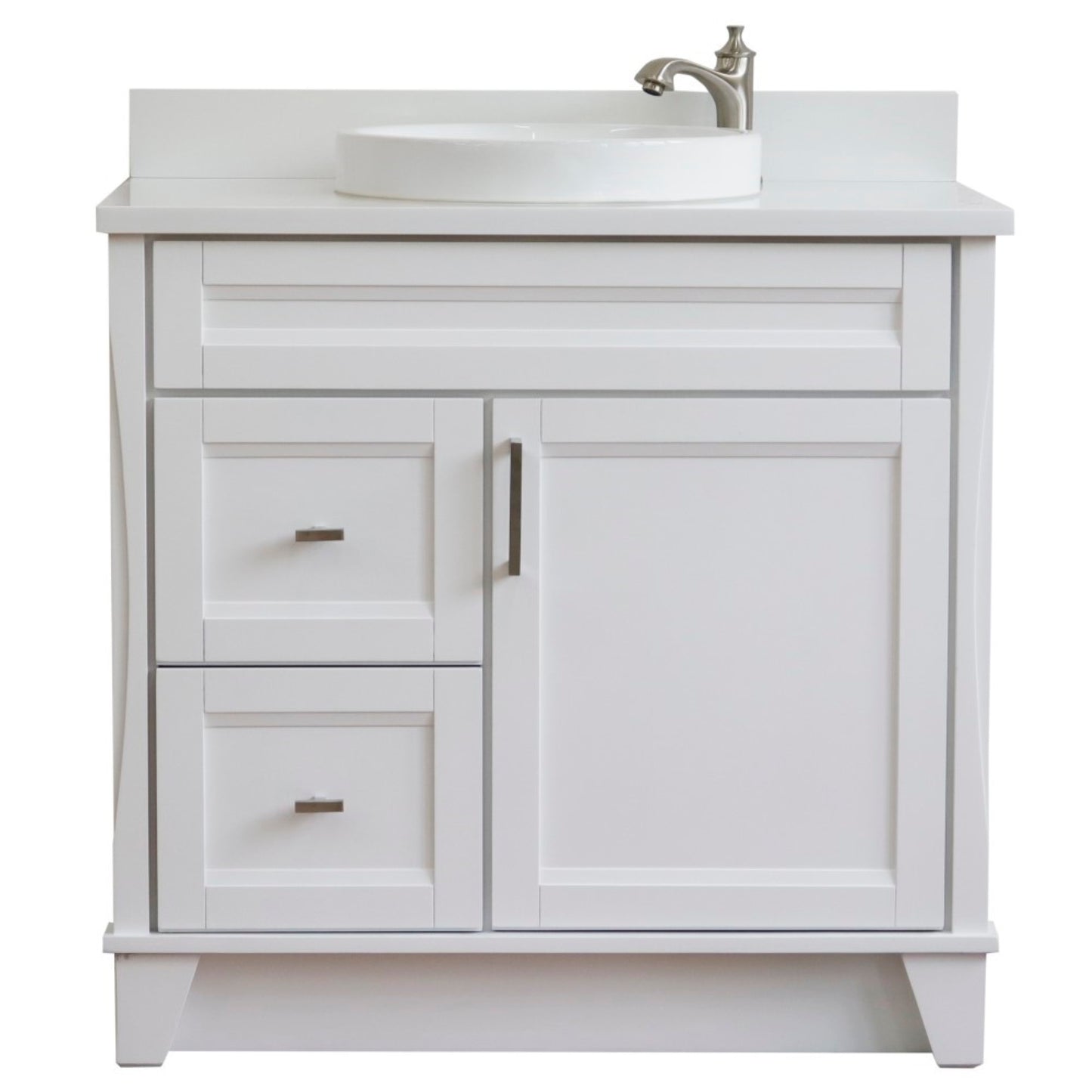 37" Single sink vanity in White finish with White engineered stone and CENTER round sink RIGHT drawers