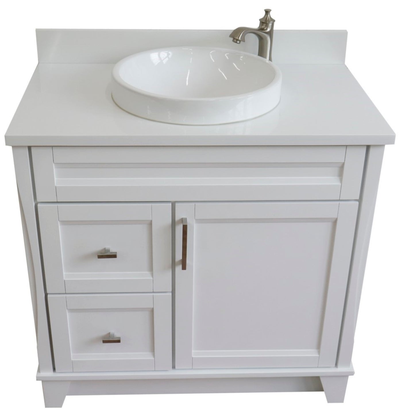 37" Single sink vanity in White finish with White engineered stone and CENTER round sink RIGHT drawers