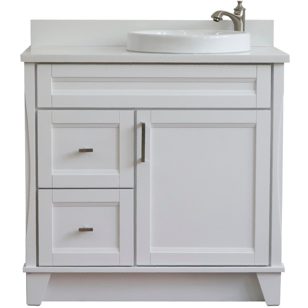37" Single sink vanity in White finish with White engineered stone and LEFT round sink RIGHT drawers