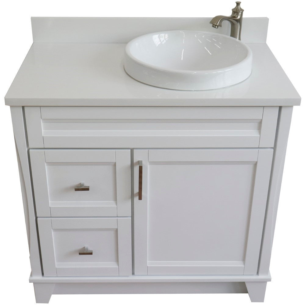 37" Single sink vanity in White finish with White engineered stone and LEFT round sink RIGHT drawers