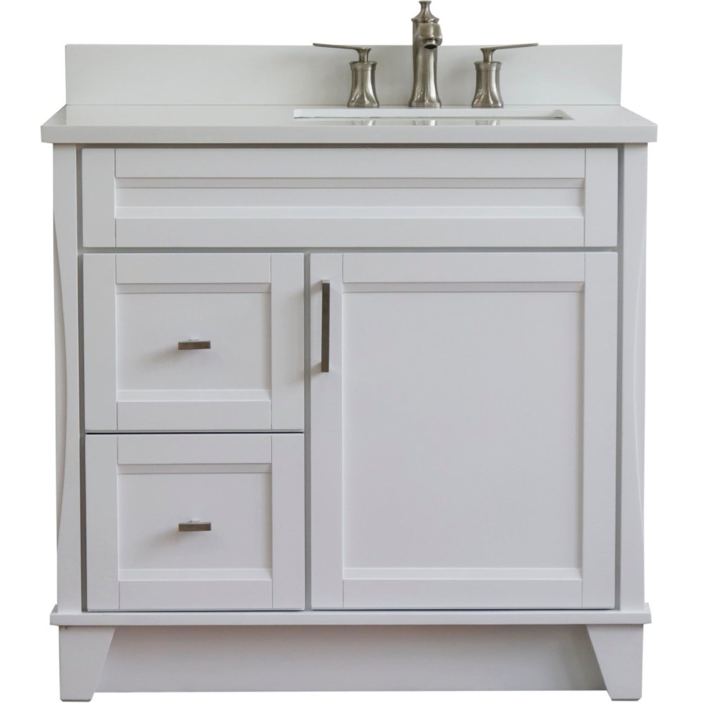 37" Single sink vanity in White finish with White engineered stone and LEFT rectangle sink RIGHT drawers