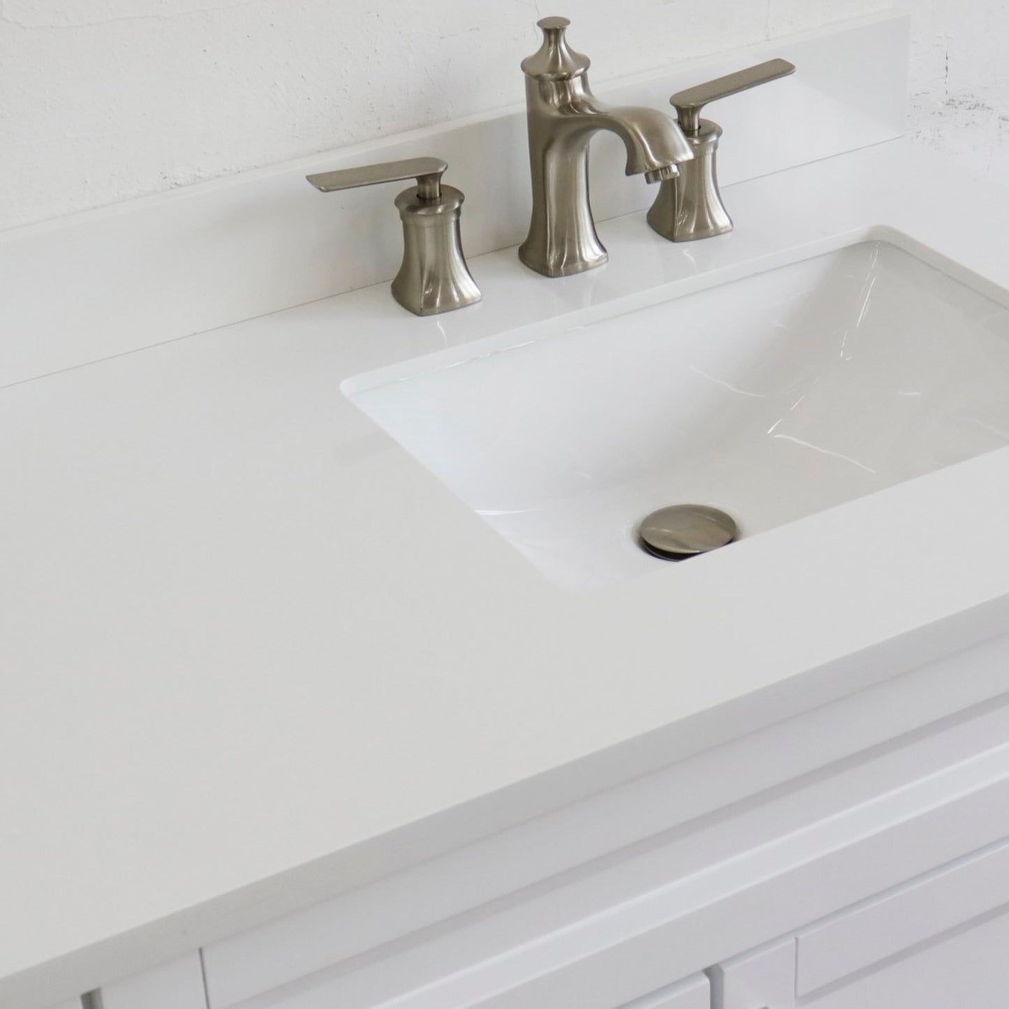 37" Single sink vanity in White finish with White engineered stone and LEFT rectangle sink RIGHT drawers