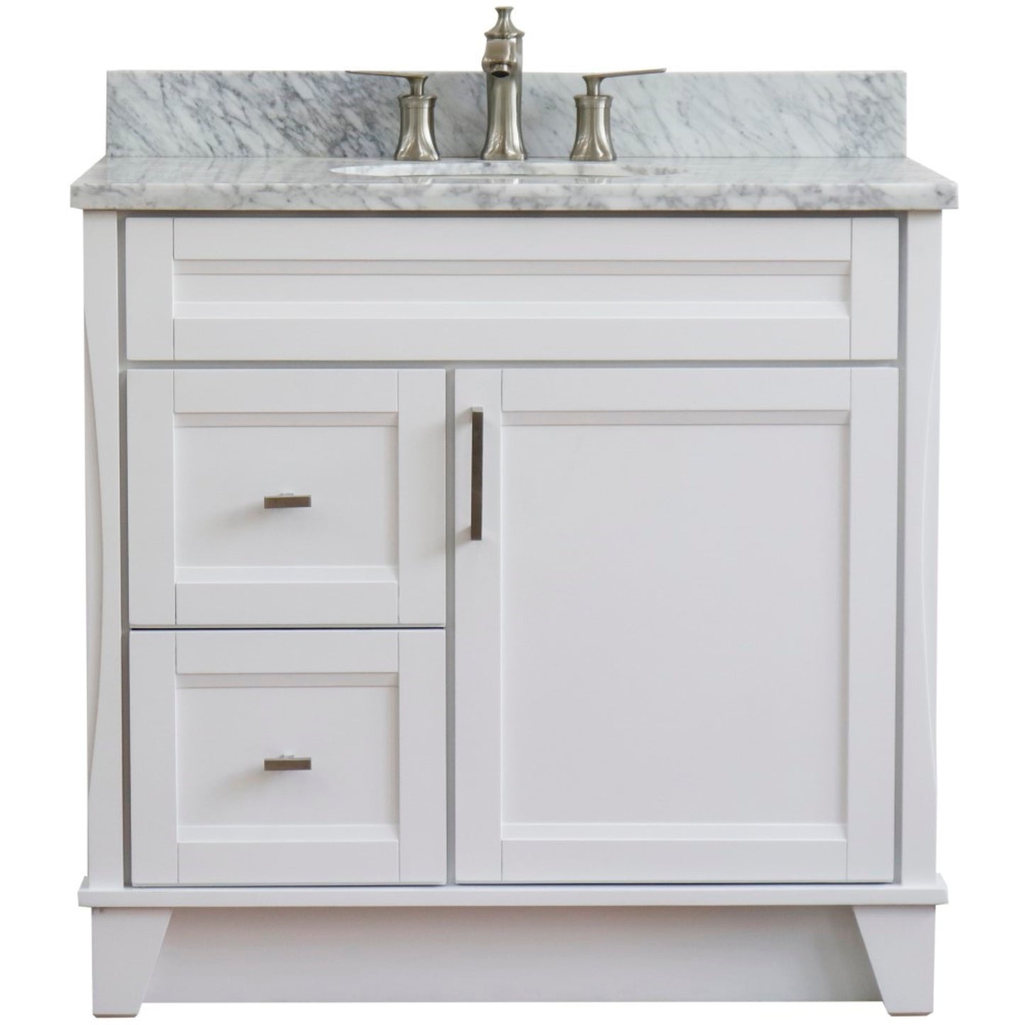 37" Single sink vanity in White finish with White Carrara marble and CENTER oval sink RIGHT drawers