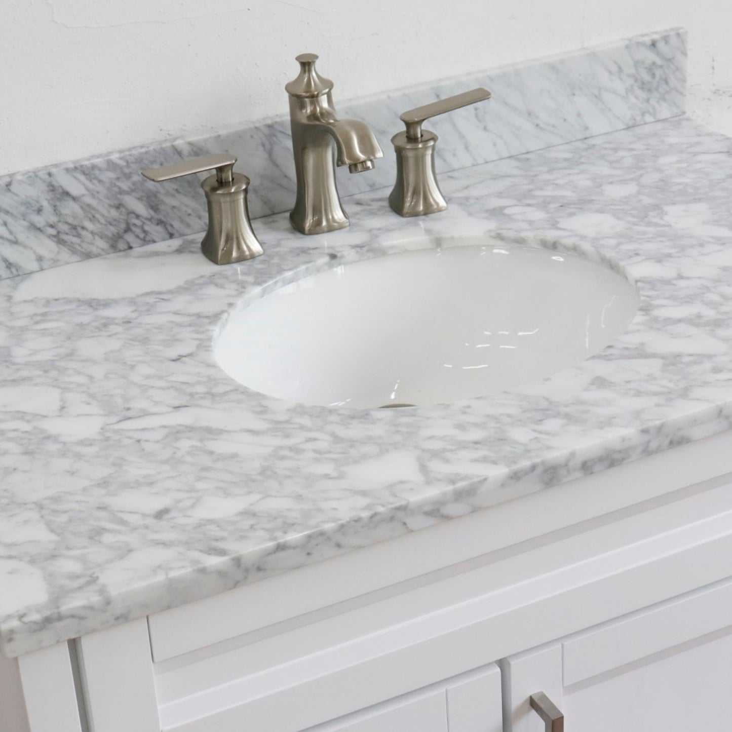 37" Single sink vanity in White finish with White Carrara marble and CENTER oval sink RIGHT drawers