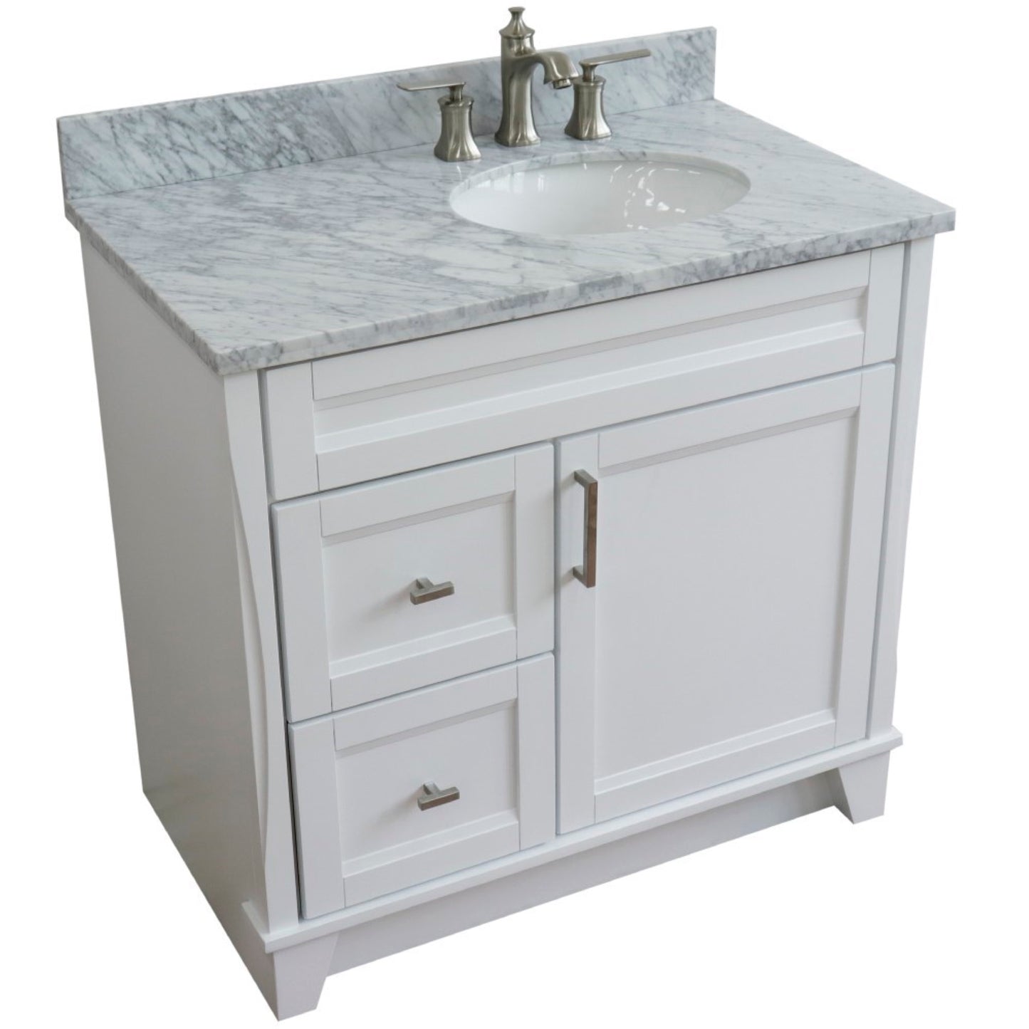 37" Single sink vanity in White finish with White Carrara marble and LEFT oval sink RIGHT drawers