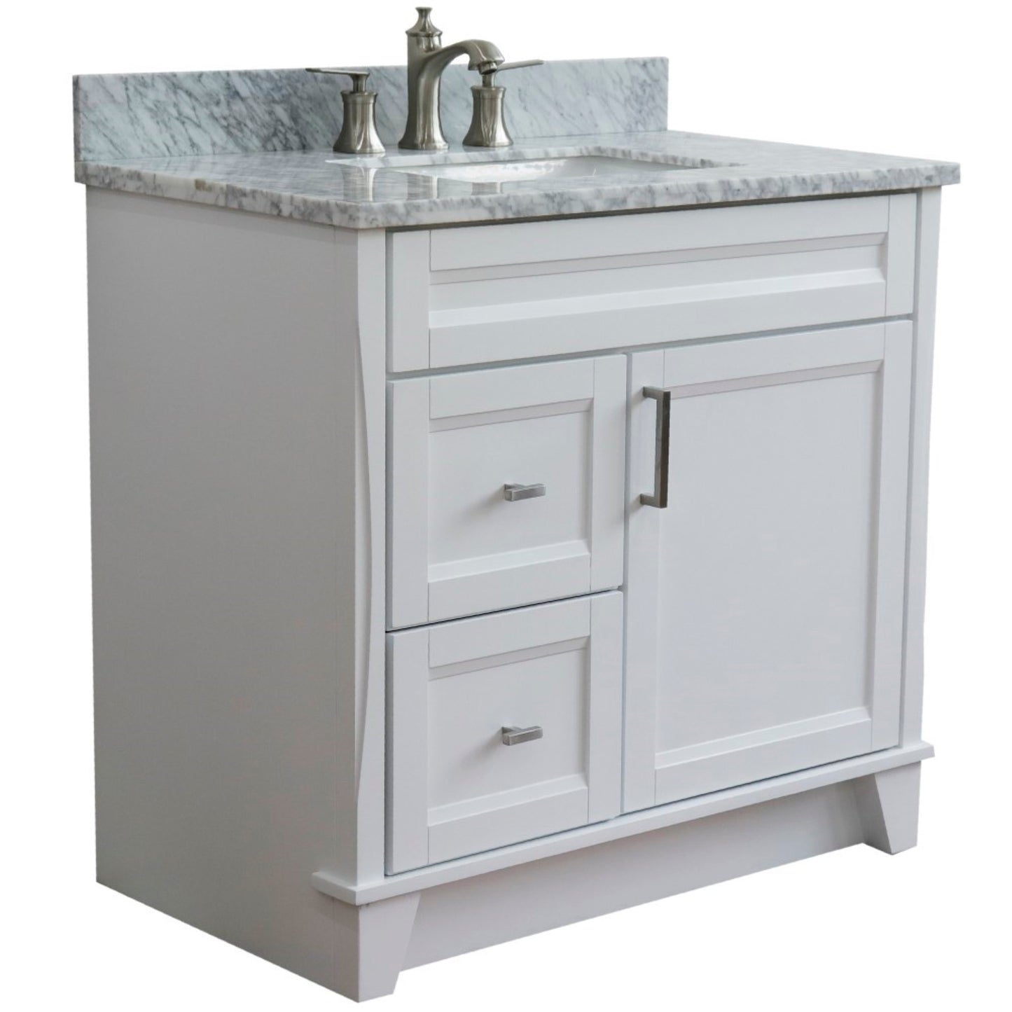 37" Single sink vanity in White finish with White Carrara marble and CENTER rectangle sink RIGHT drawers
