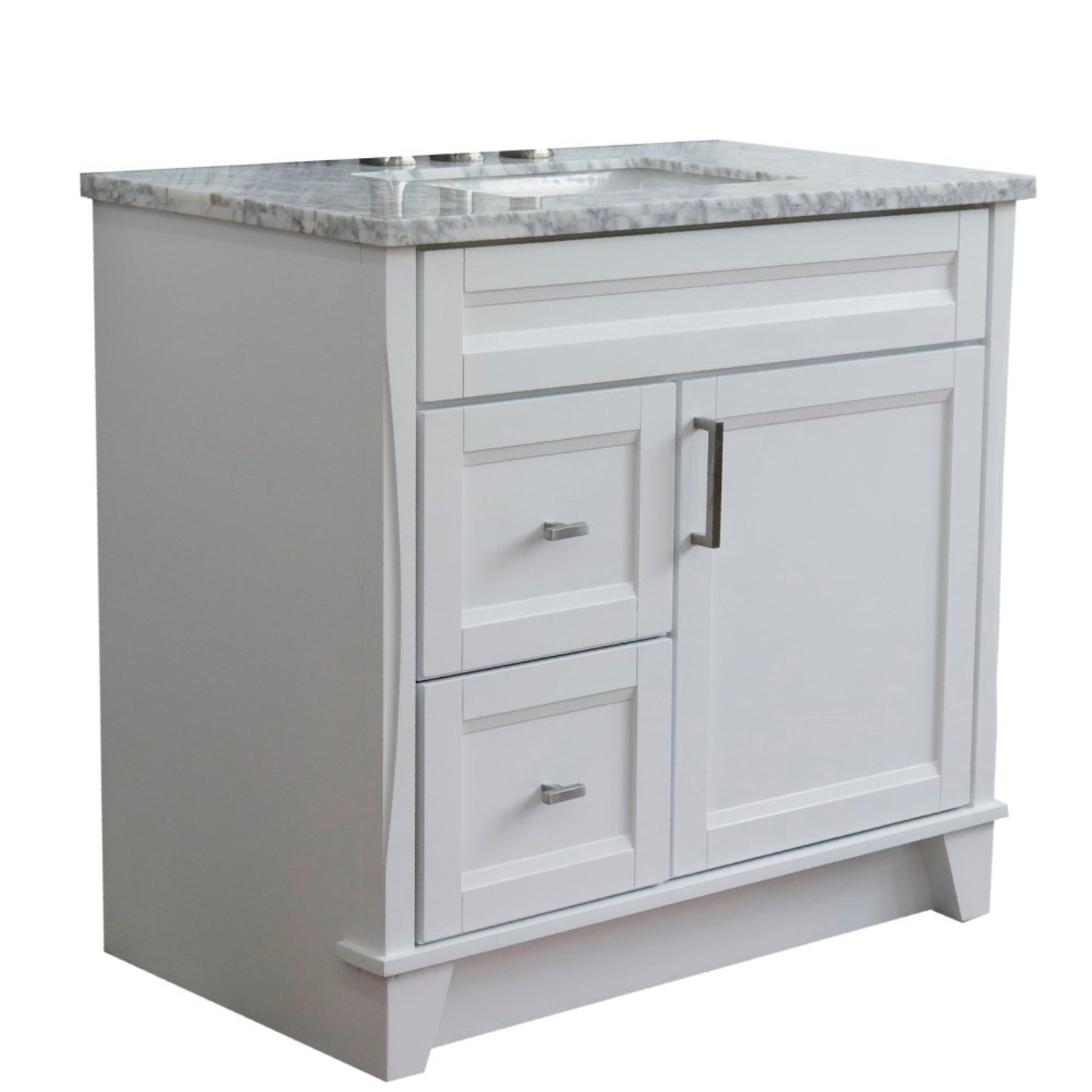 37" Single sink vanity in White finish with White Carrara marble and CENTER rectangle sink RIGHT drawers