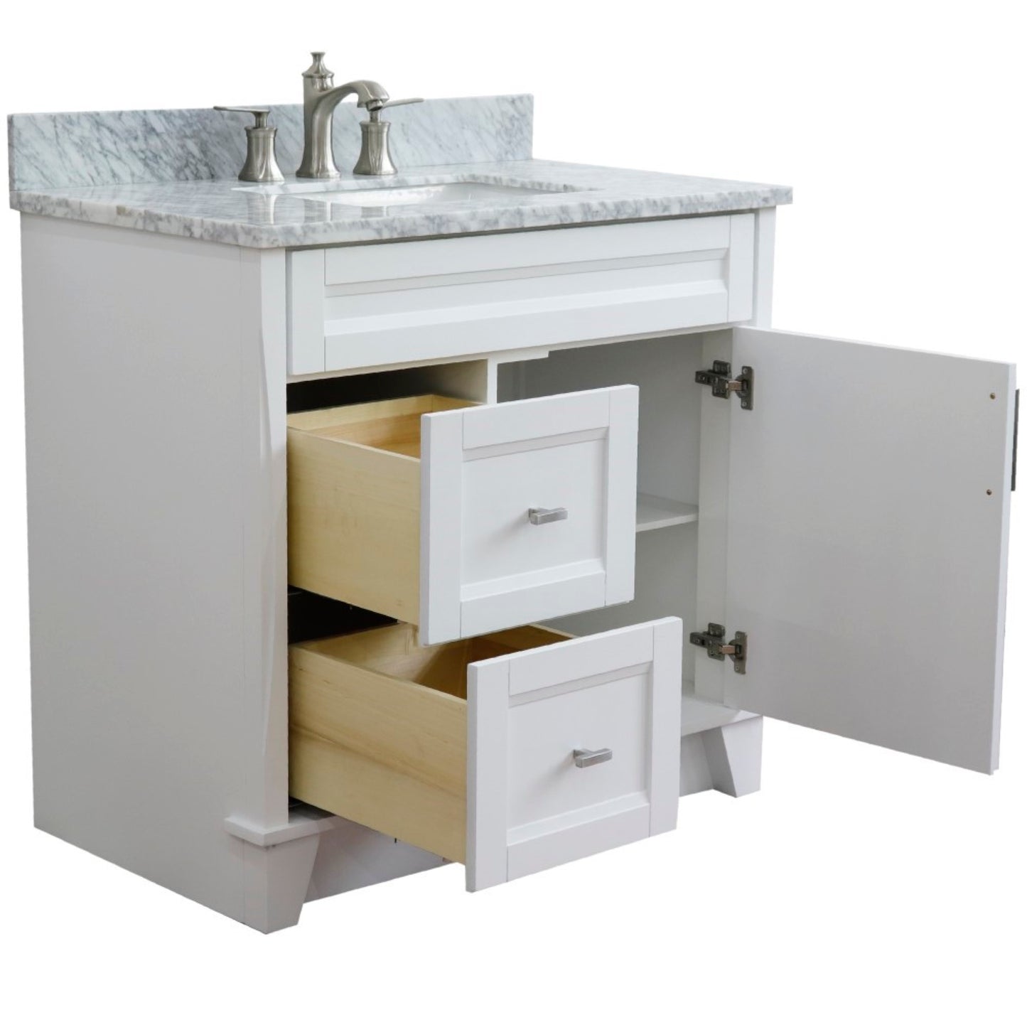 37" Single sink vanity in White finish with White Carrara marble and CENTER rectangle sink RIGHT drawers