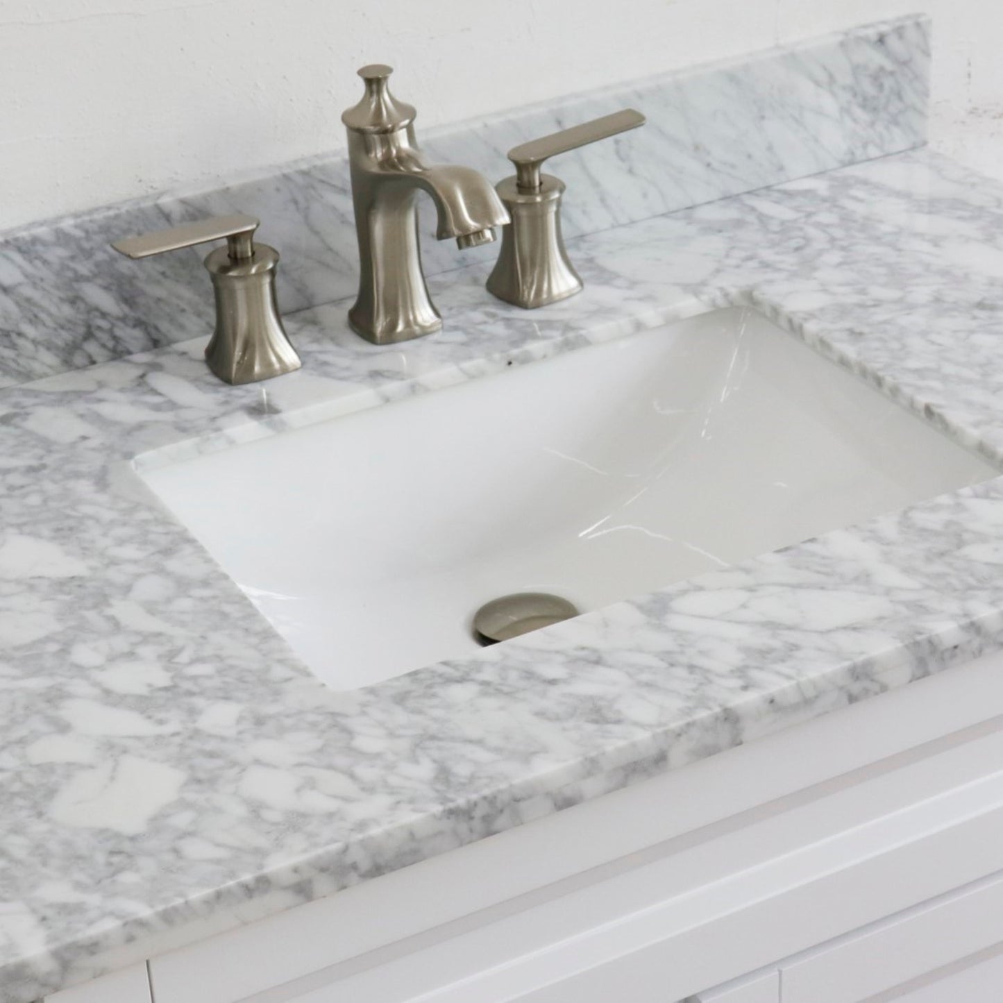 37" Single sink vanity in White finish with White Carrara marble and CENTER rectangle sink RIGHT drawers