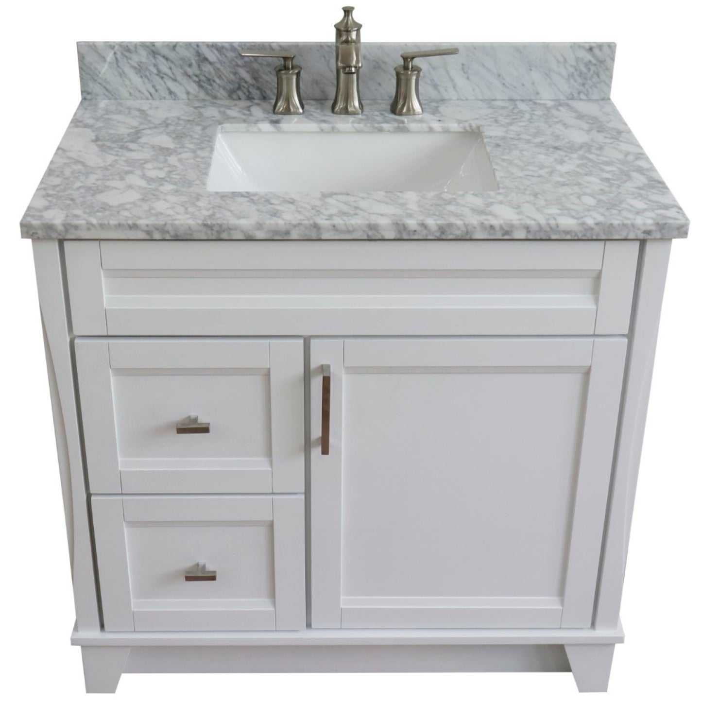 37" Single sink vanity in White finish with White Carrara marble and CENTER rectangle sink RIGHT drawers