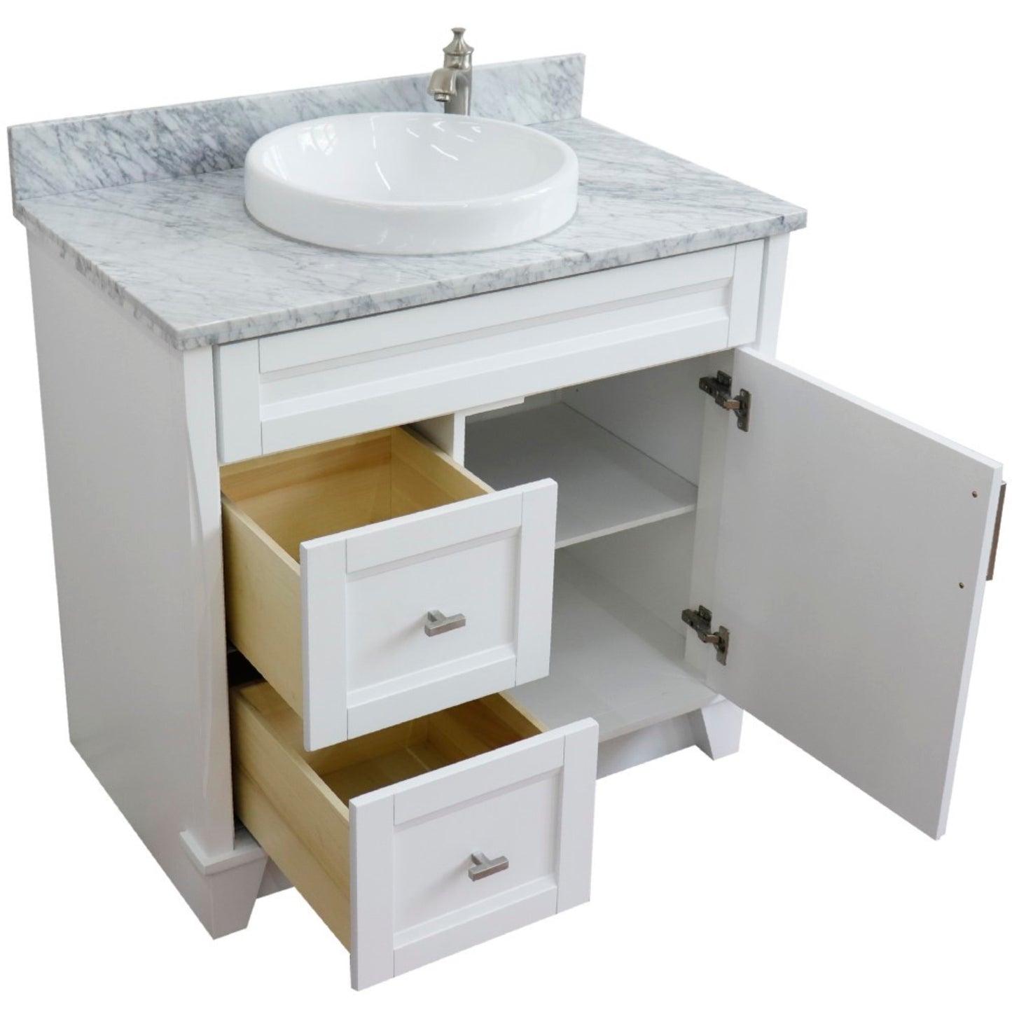37" Single sink vanity in White finish with White Carrara marble and CENTER round sink RIGHT drawers