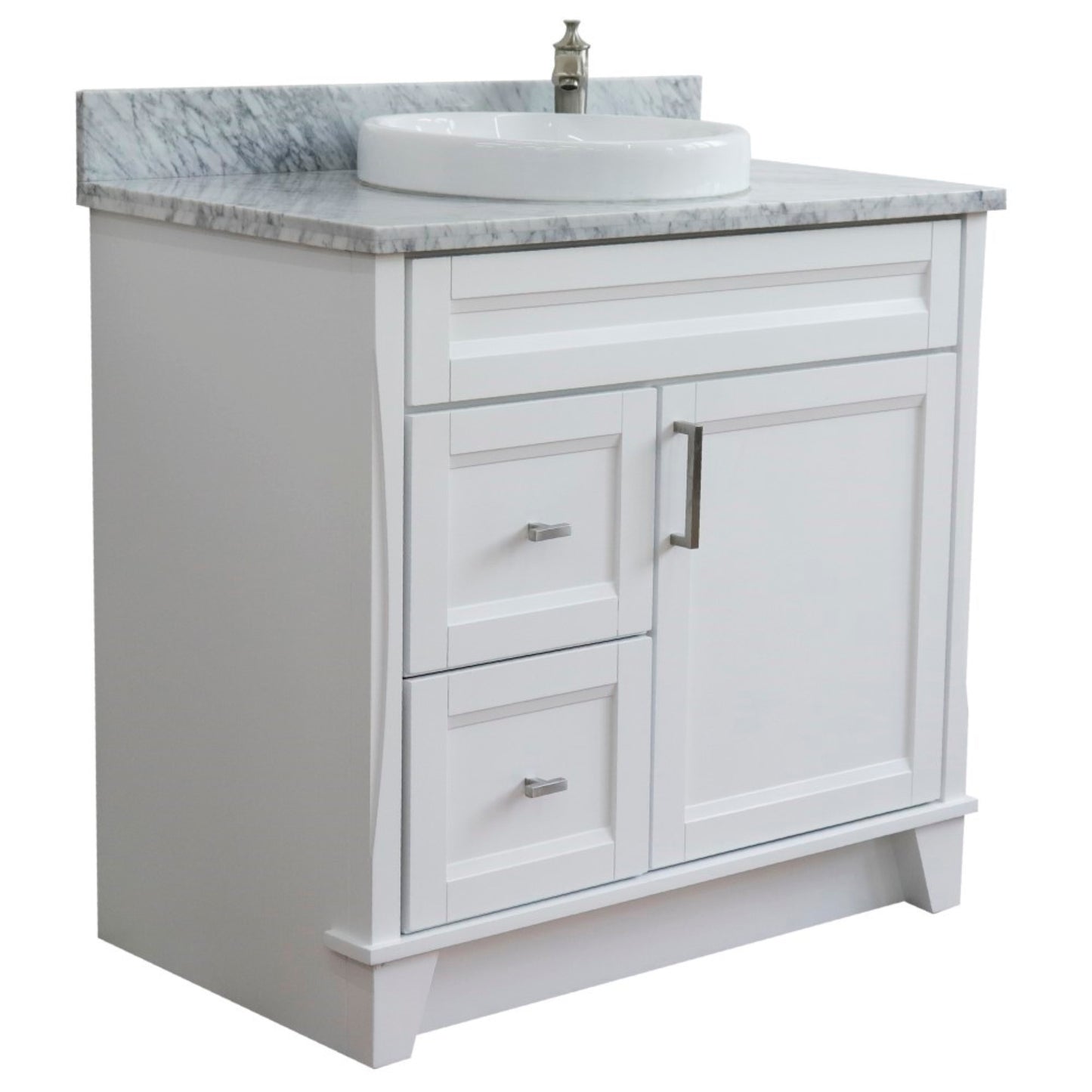 37" Single sink vanity in White finish with White Carrara marble and CENTER round sink RIGHT drawers