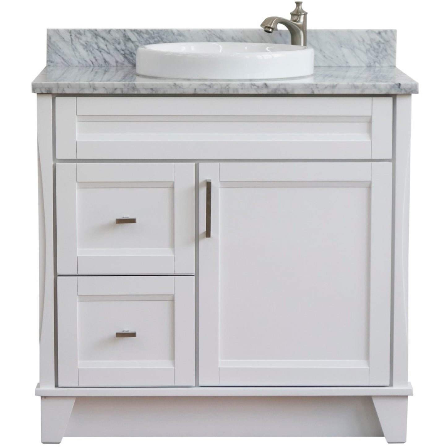 37" Single sink vanity in White finish with White Carrara marble and CENTER round sink RIGHT drawers