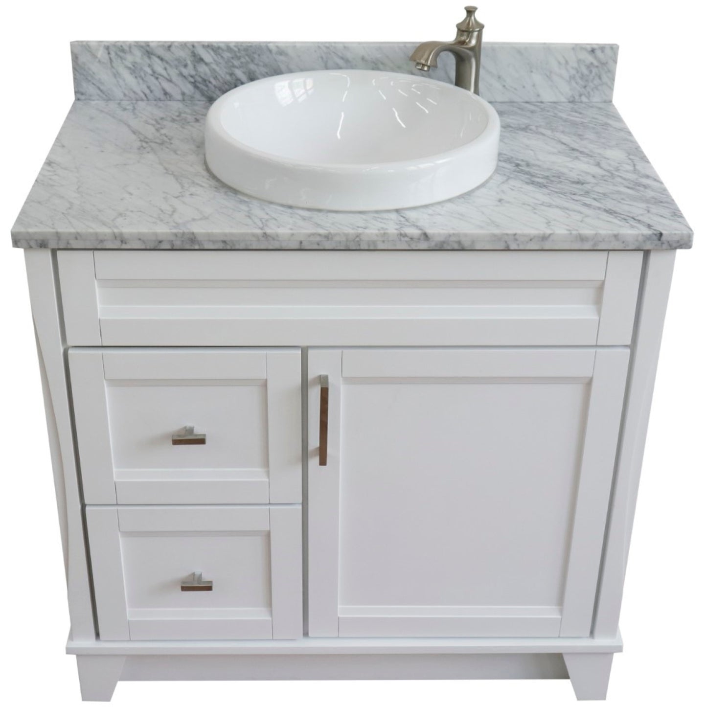 37" Single sink vanity in White finish with White Carrara marble and CENTER round sink RIGHT drawers
