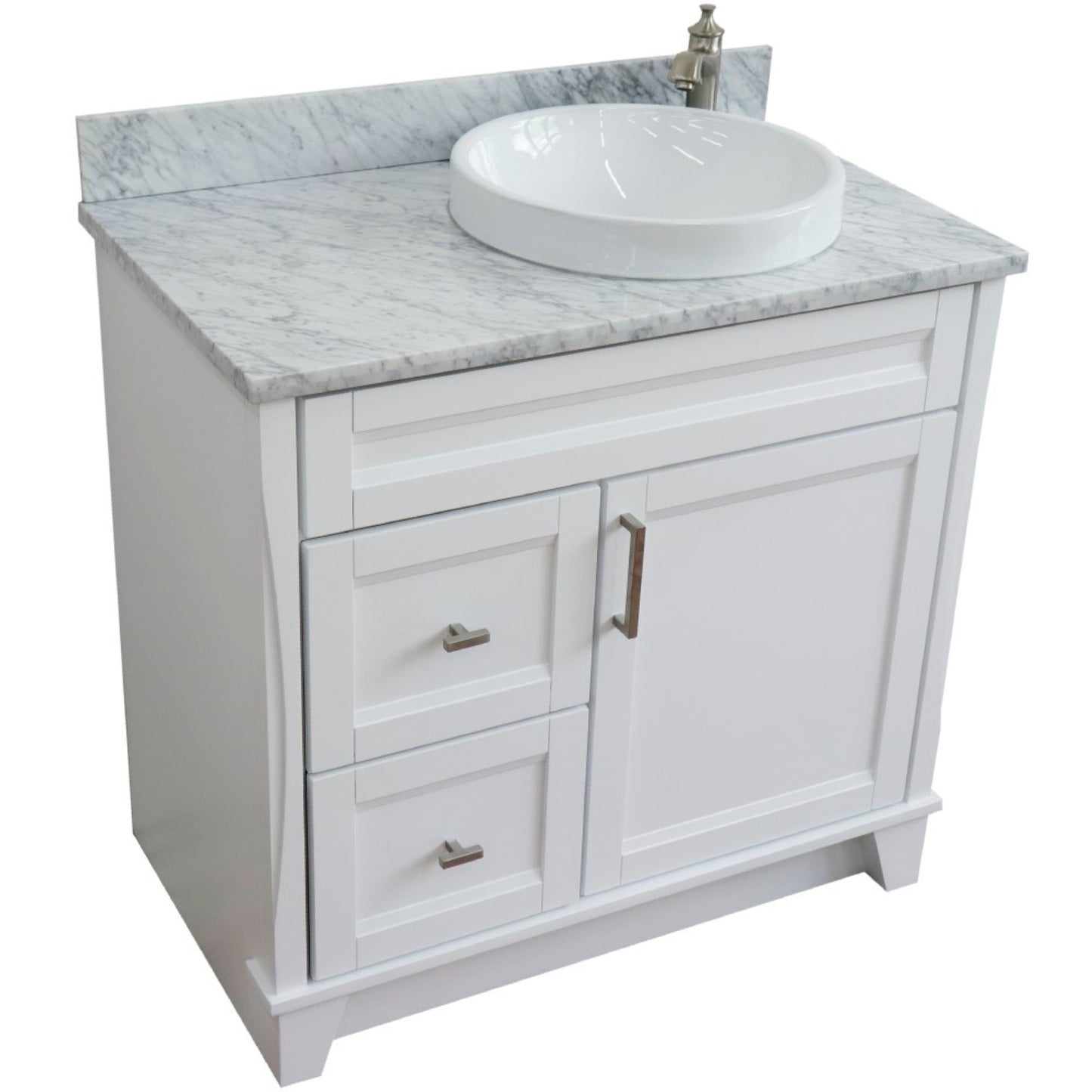 37" Single sink vanity in White finish with White Carrara marble and LEFT round sink RIGHT drawers