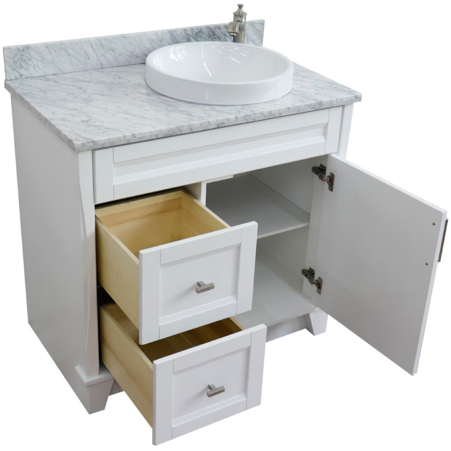 37" Single sink vanity in White finish with White Carrara marble and LEFT round sink RIGHT drawers