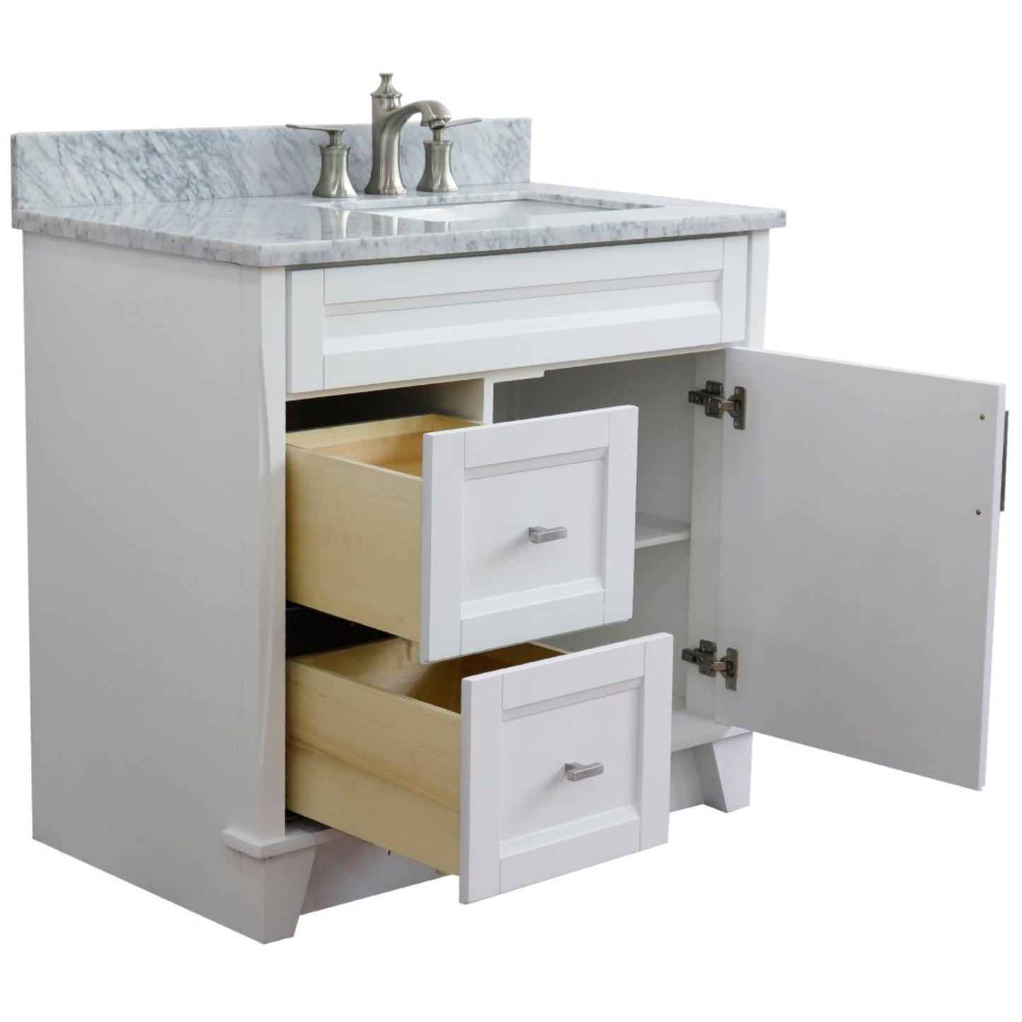 37" Single sink vanity in White finish with White Carrara marble and LEFT rectangle sink RIGHT drawers