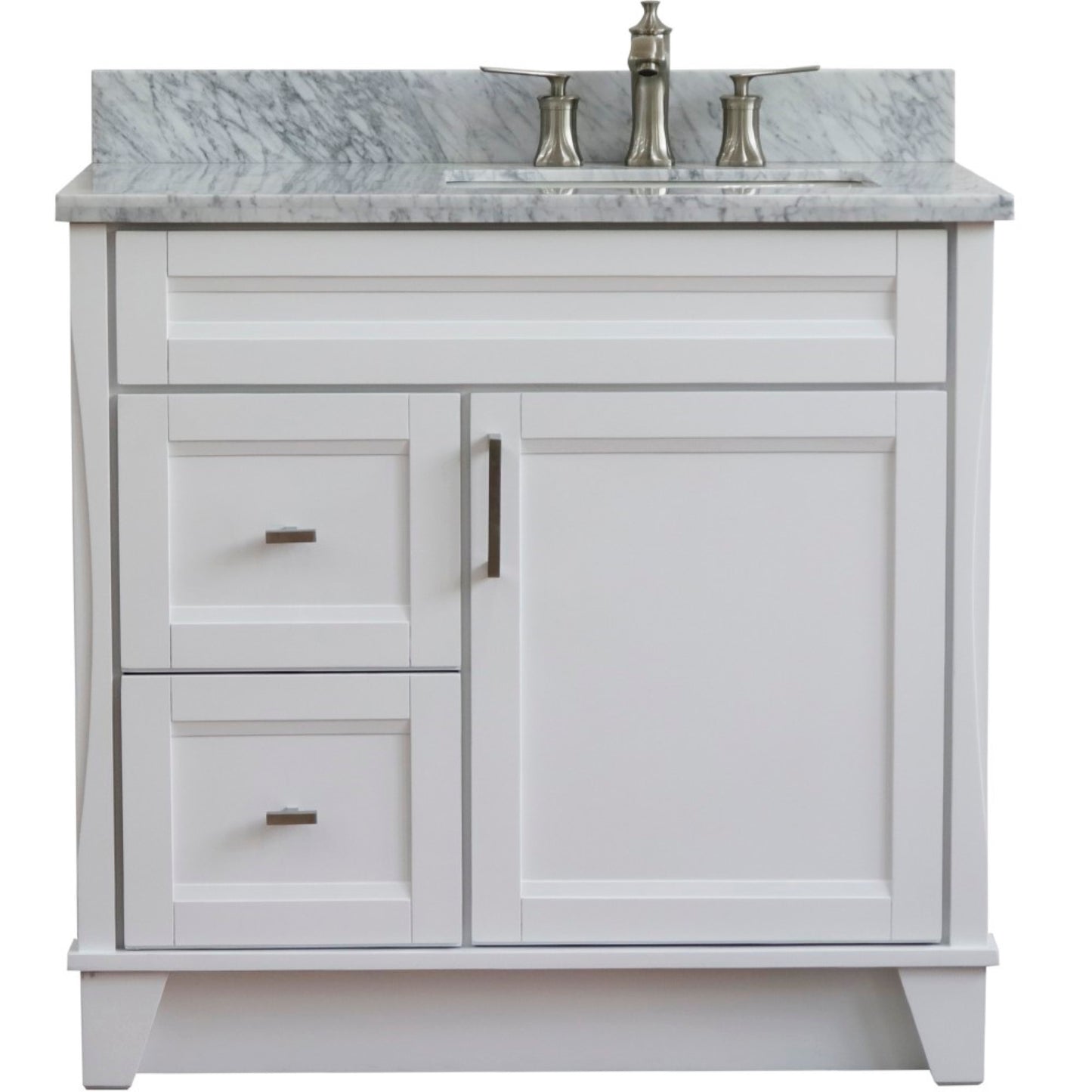 37" Single sink vanity in White finish with White Carrara marble and LEFT rectangle sink RIGHT drawers