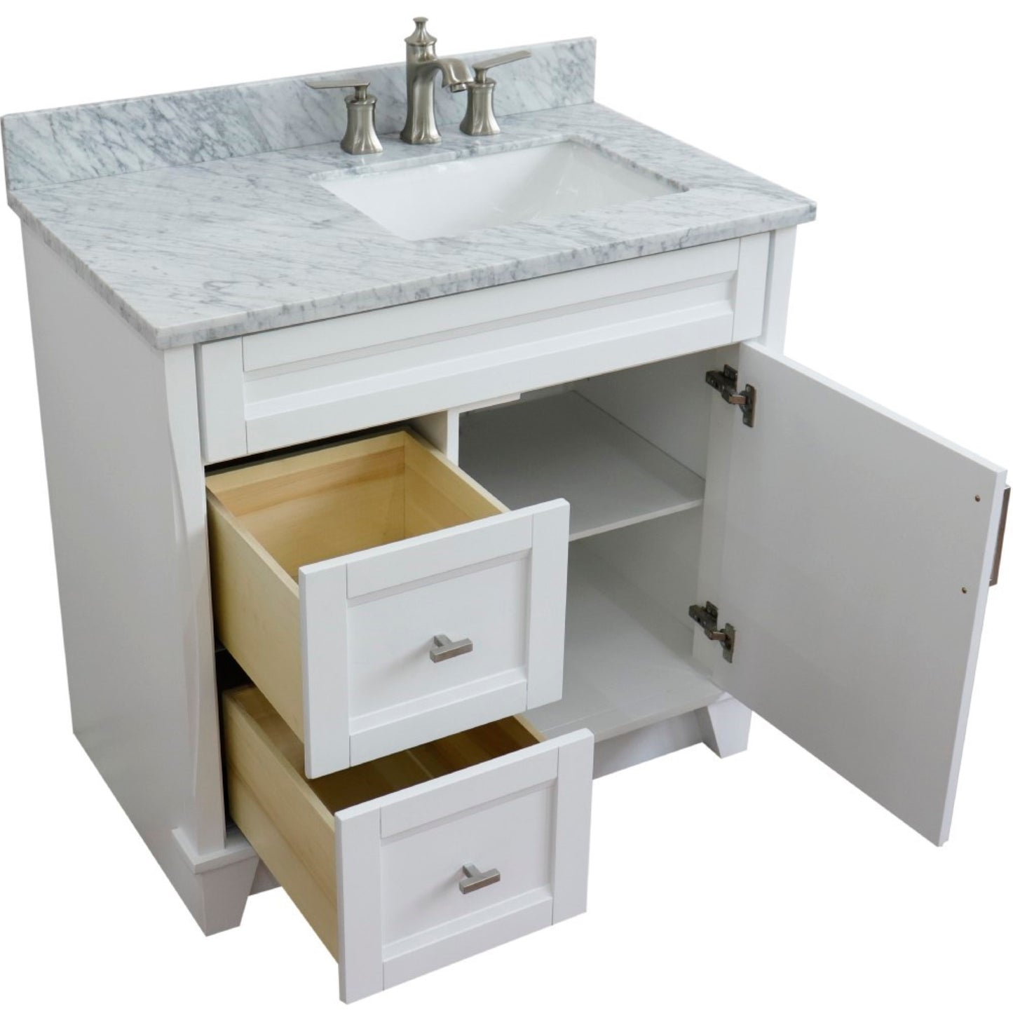 37" Single sink vanity in White finish with White Carrara marble and LEFT rectangle sink RIGHT drawers