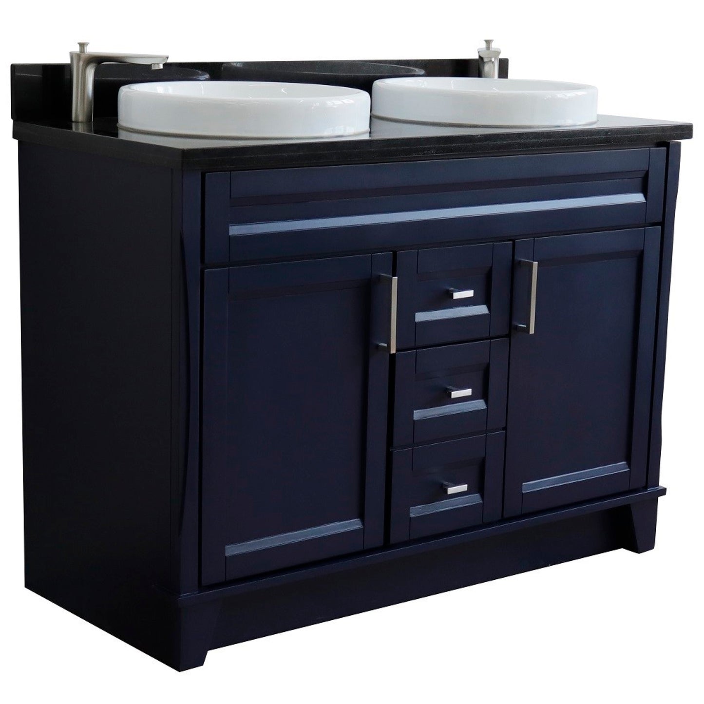 49" Double sink vanity in Blue finish with Black galaxy granite and round sink