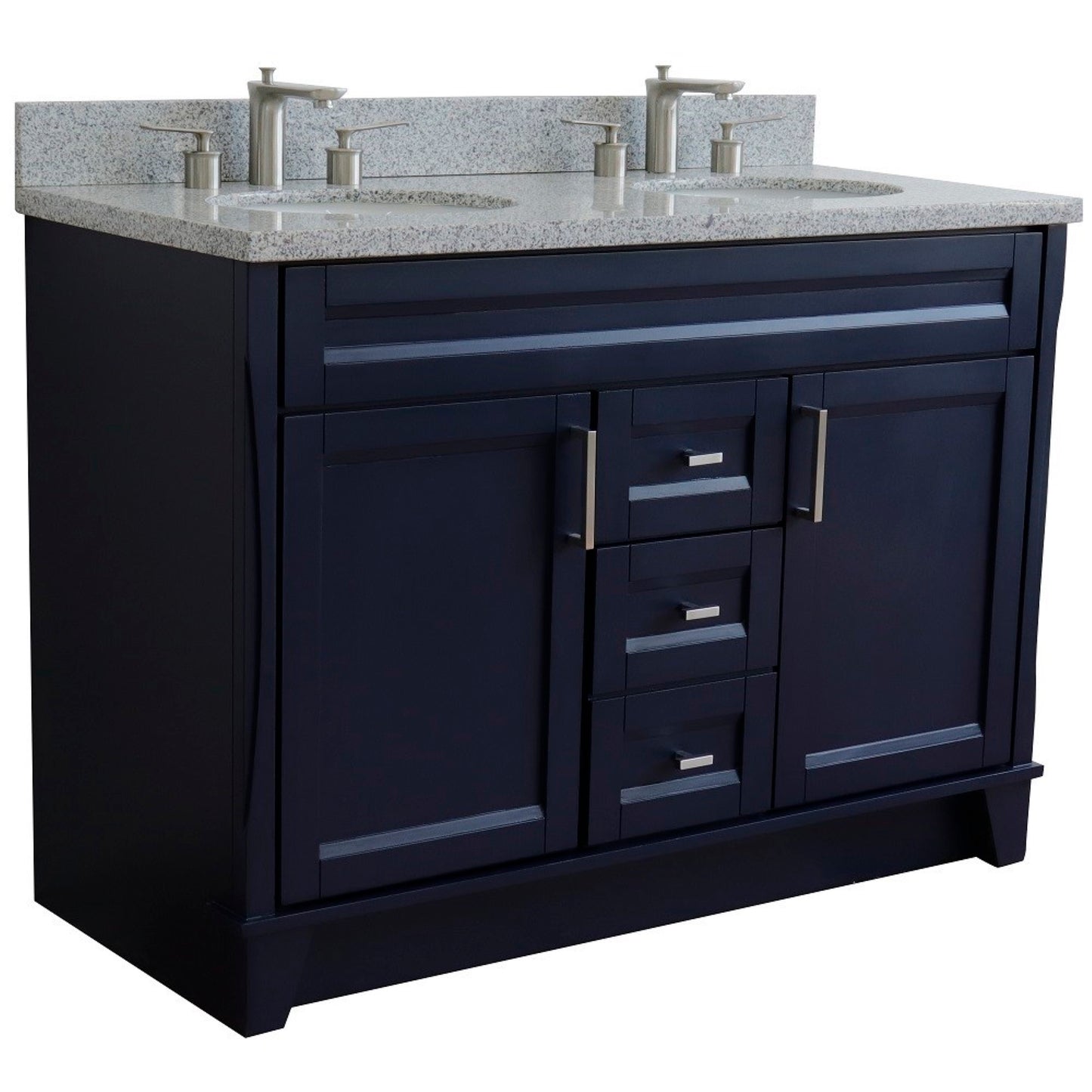 49" Double sink vanity in Blue finish with Gray granite and oval sink
