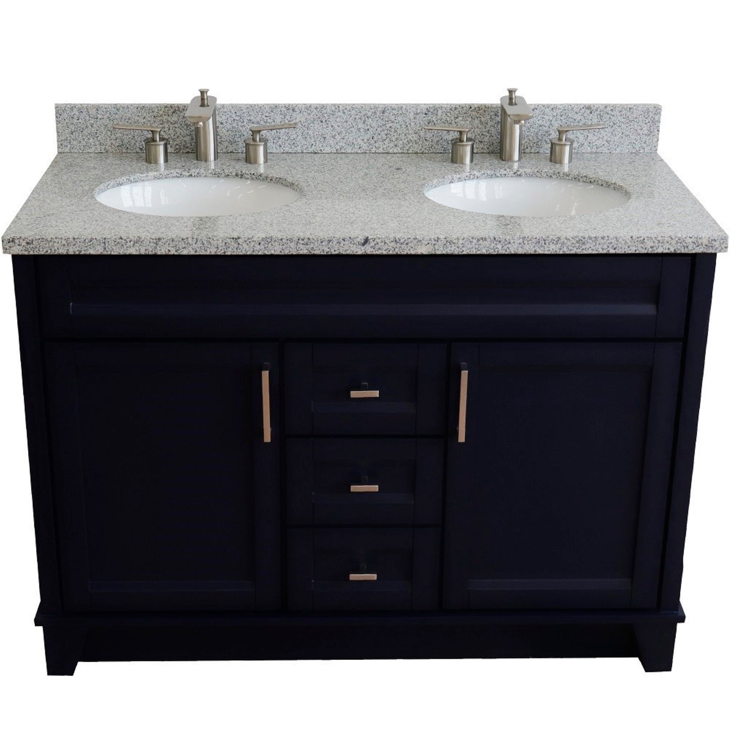 49" Double sink vanity in Blue finish with Gray granite and oval sink