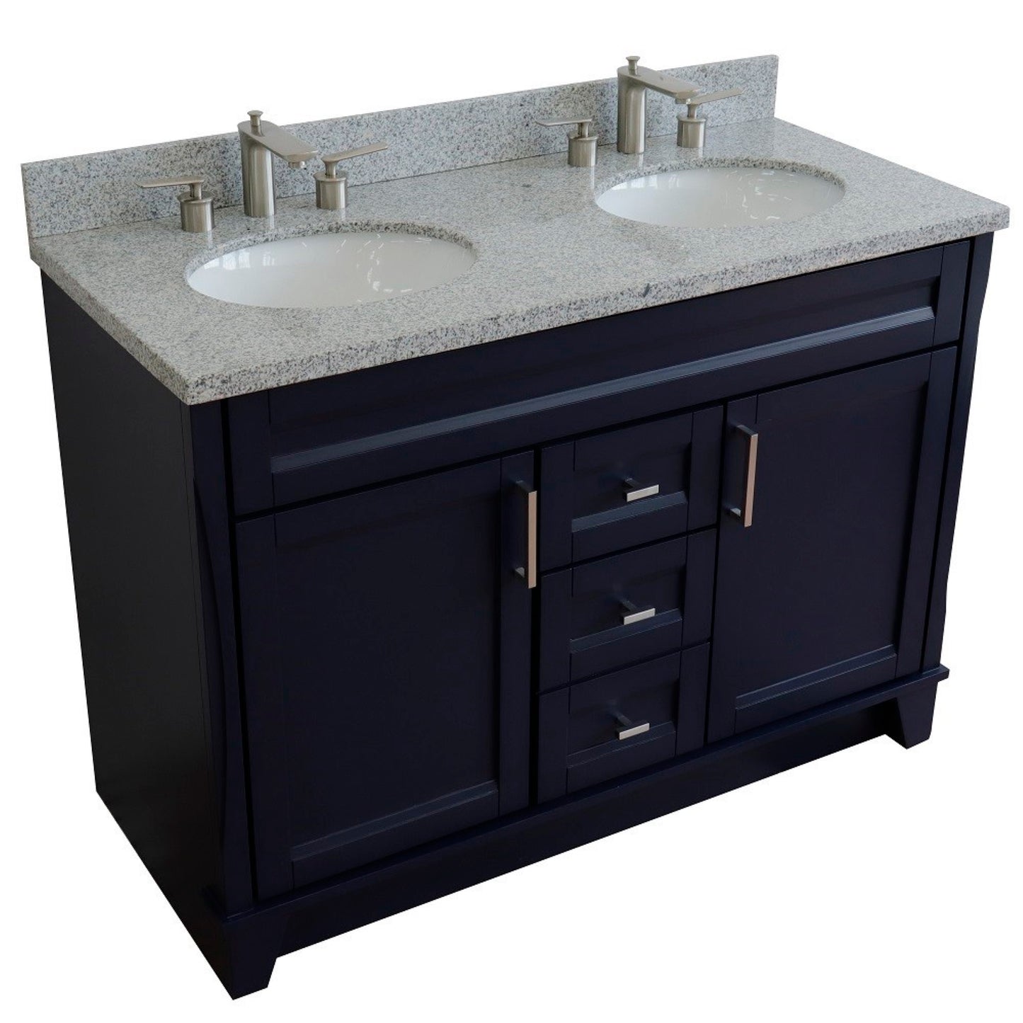 49" Double sink vanity in Blue finish with Gray granite and oval sink