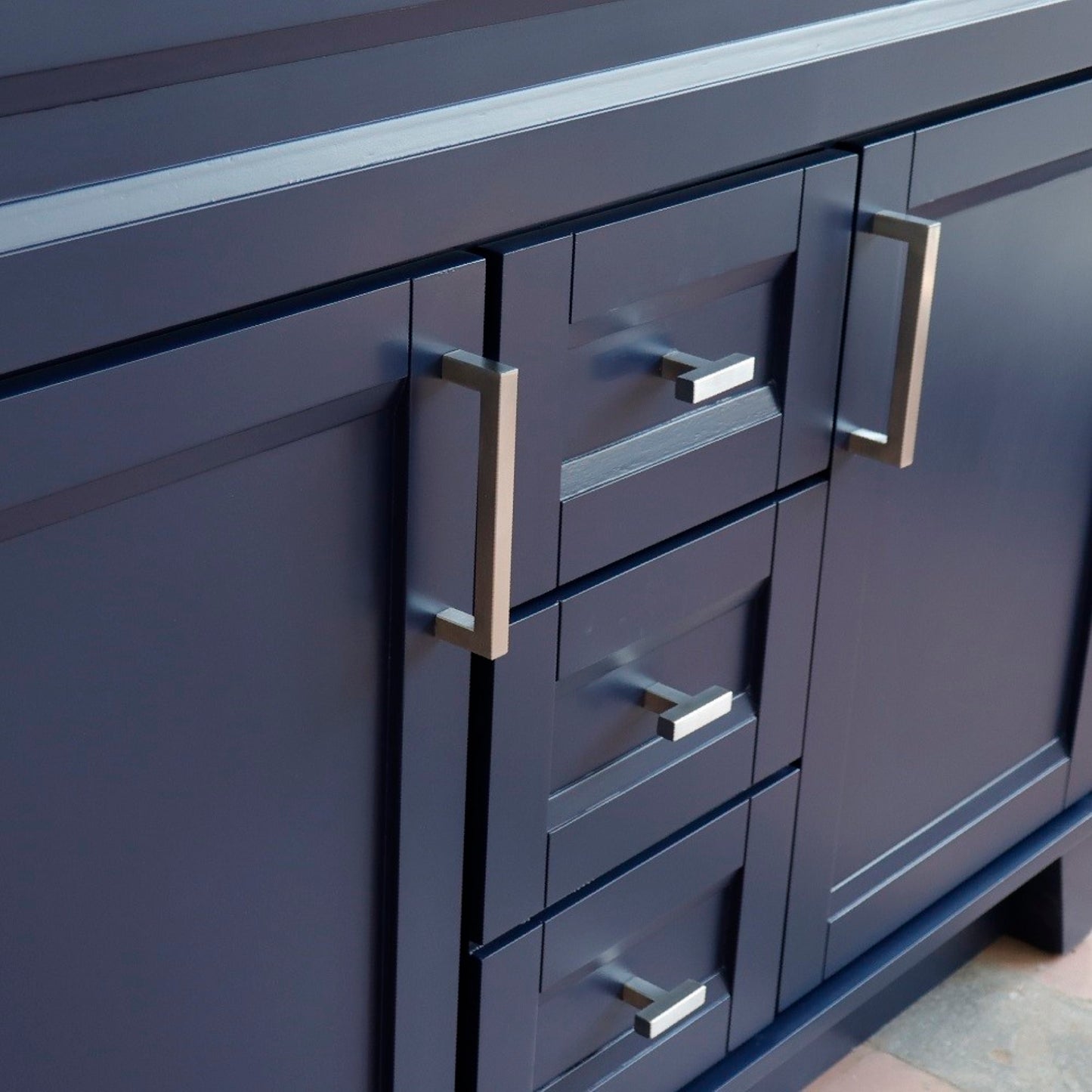 49" Double sink vanity in Blue finish with Gray granite and oval sink