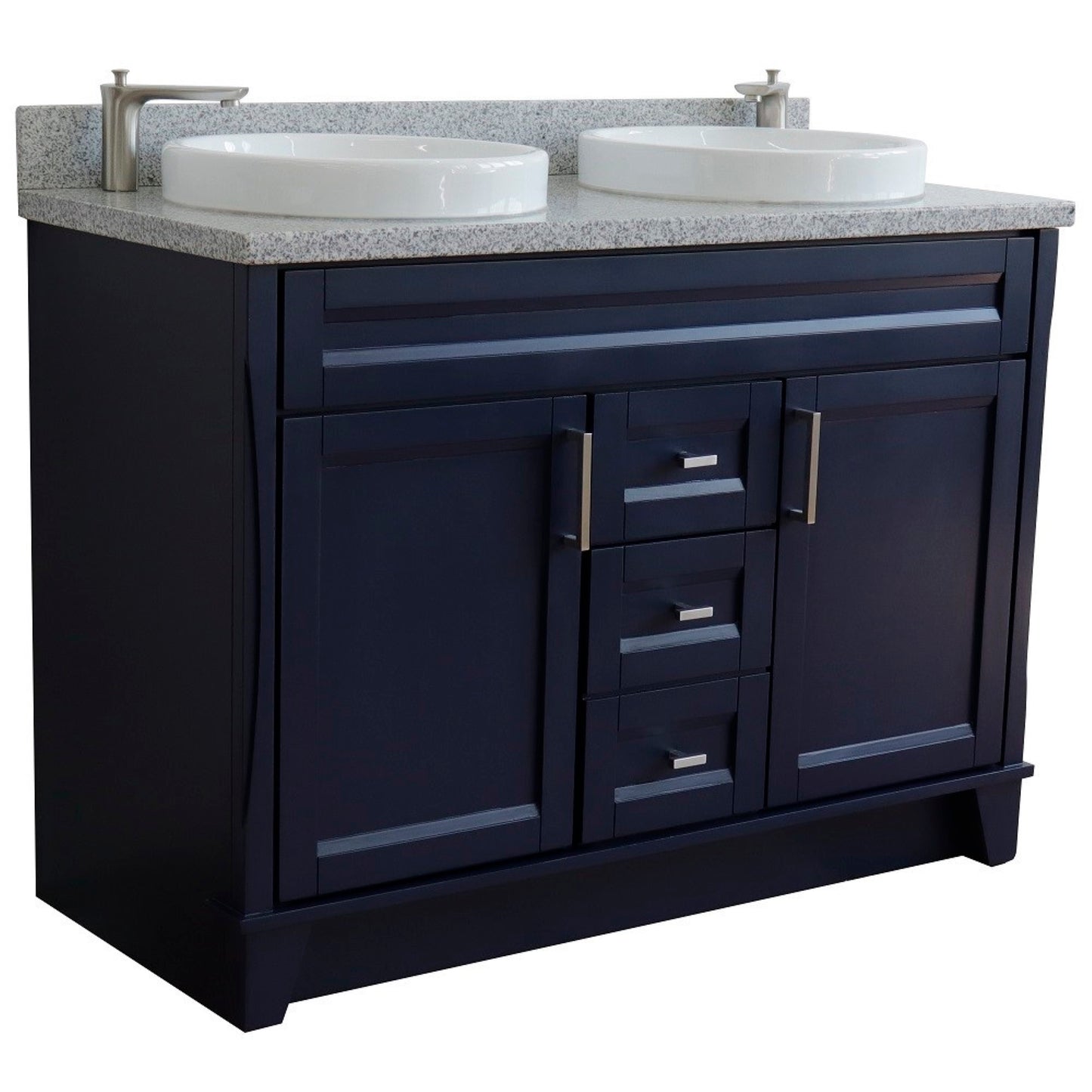 49" Double sink vanity in Blue finish with Gray granite and round sink