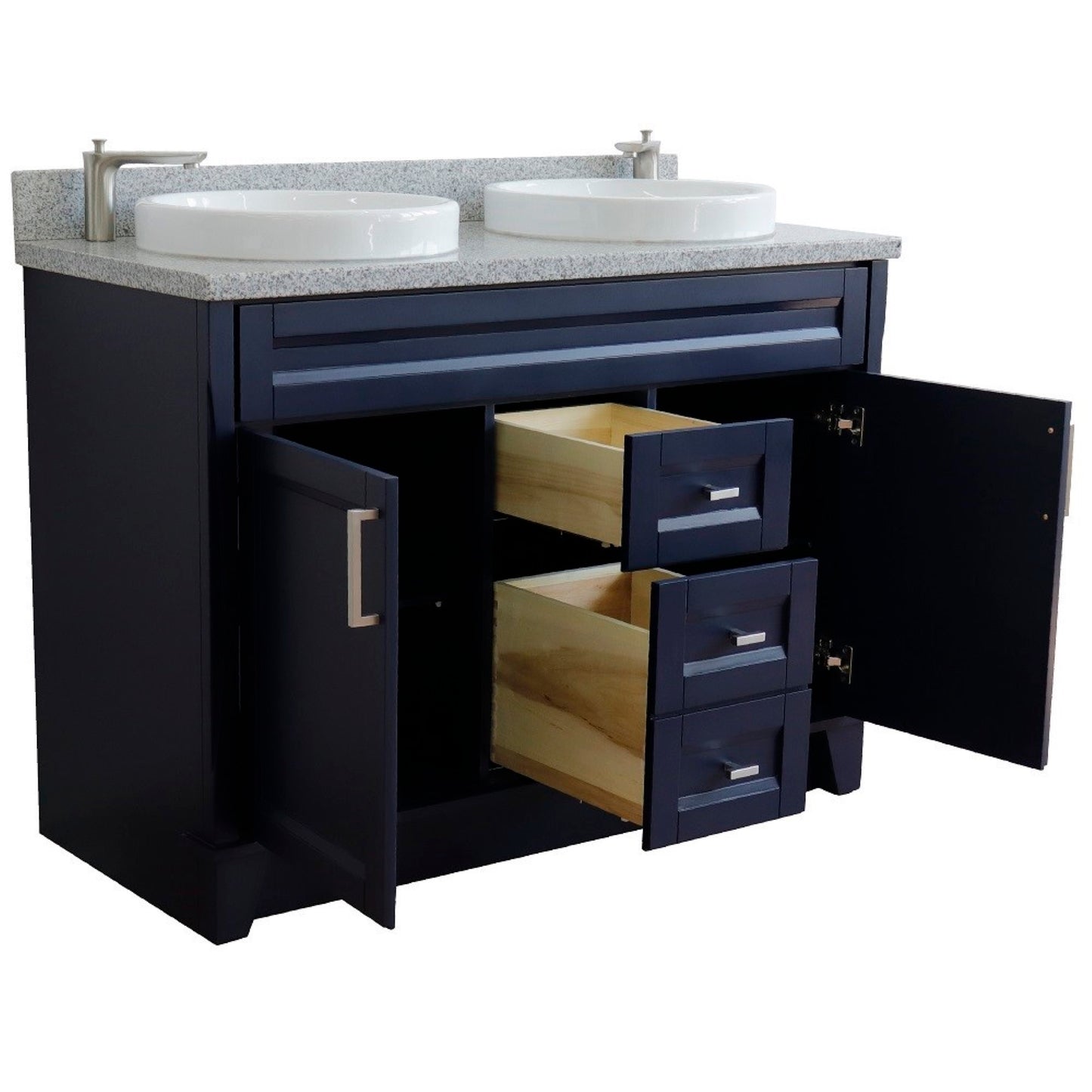 49" Double sink vanity in Blue finish with Gray granite and round sink