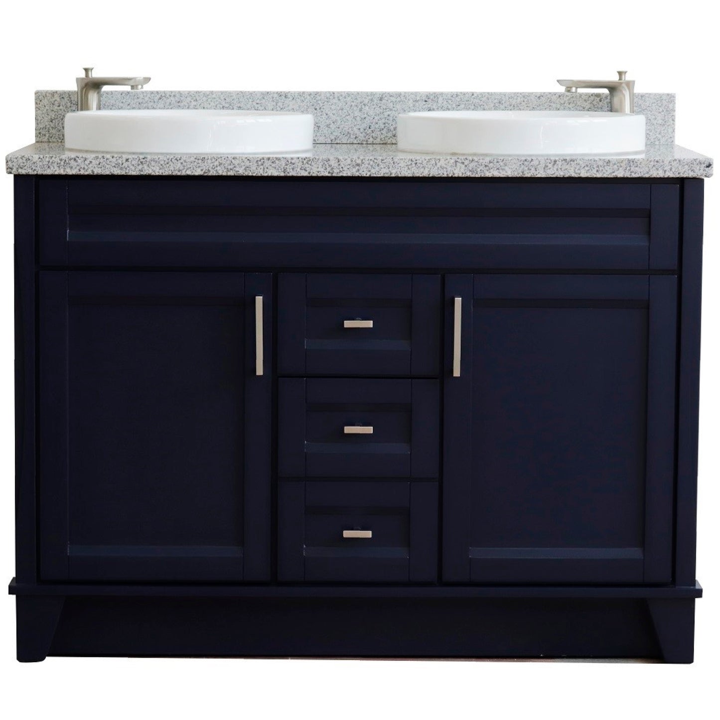 49" Double sink vanity in Blue finish with Gray granite and round sink