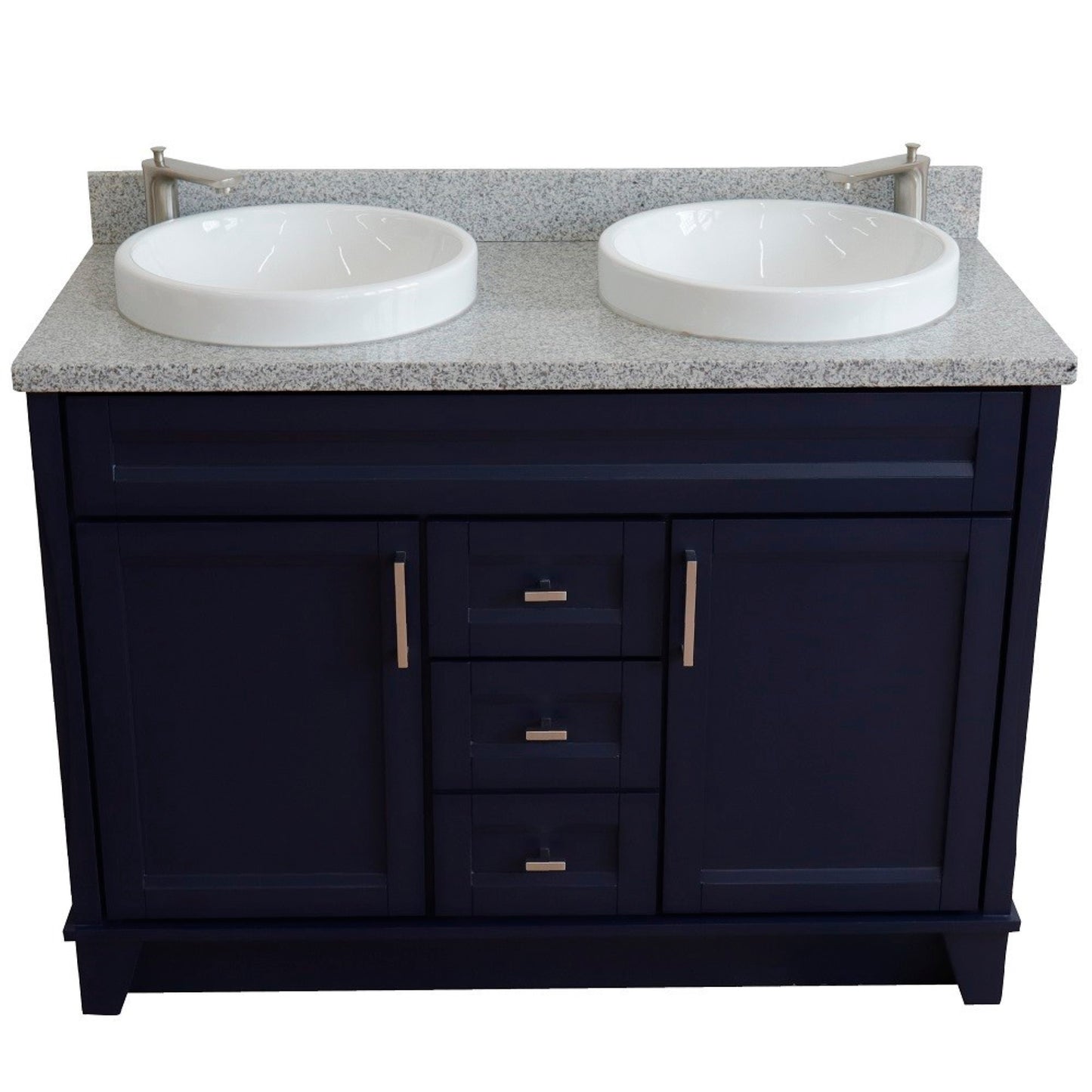 49" Double sink vanity in Blue finish with Gray granite and round sink