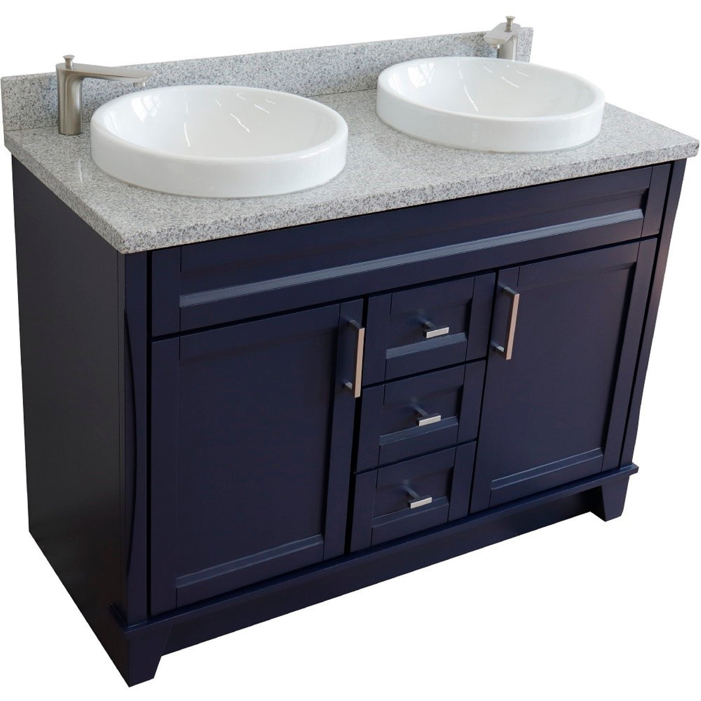 49" Double sink vanity in Blue finish with Gray granite and round sink