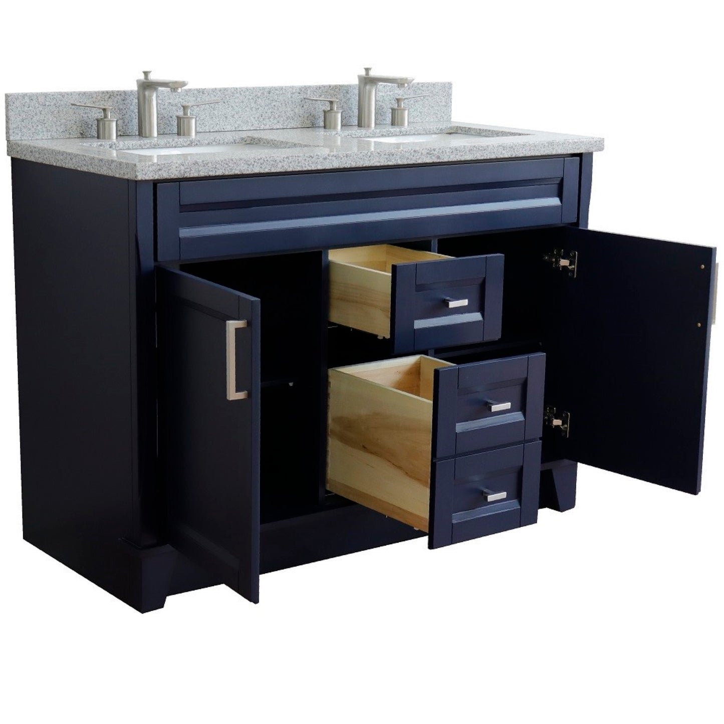 49" Double sink vanity in Blue finish with Gray granite and rectangle sink