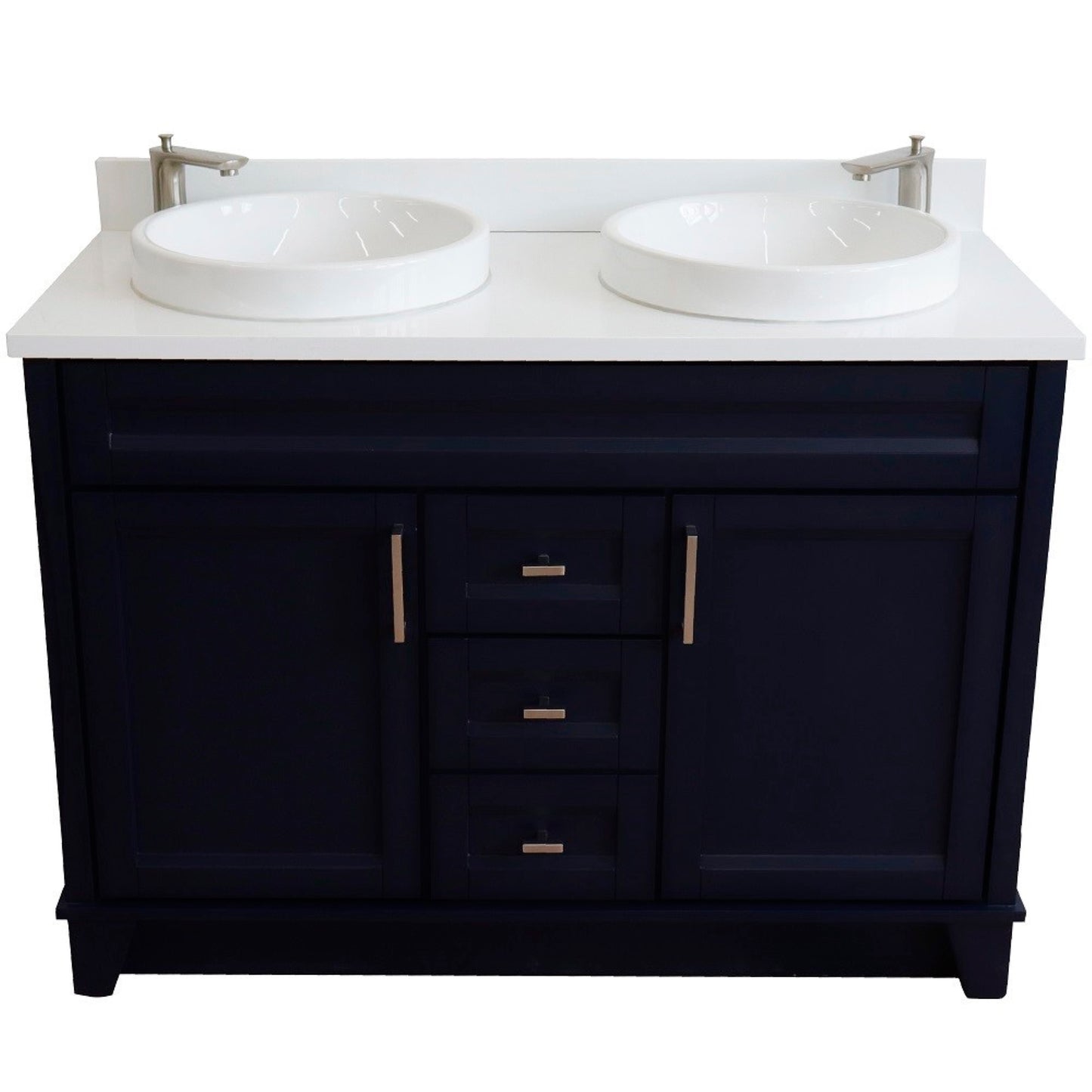 49" Double sink vanity in Blue finish with White engineered stone and round sink