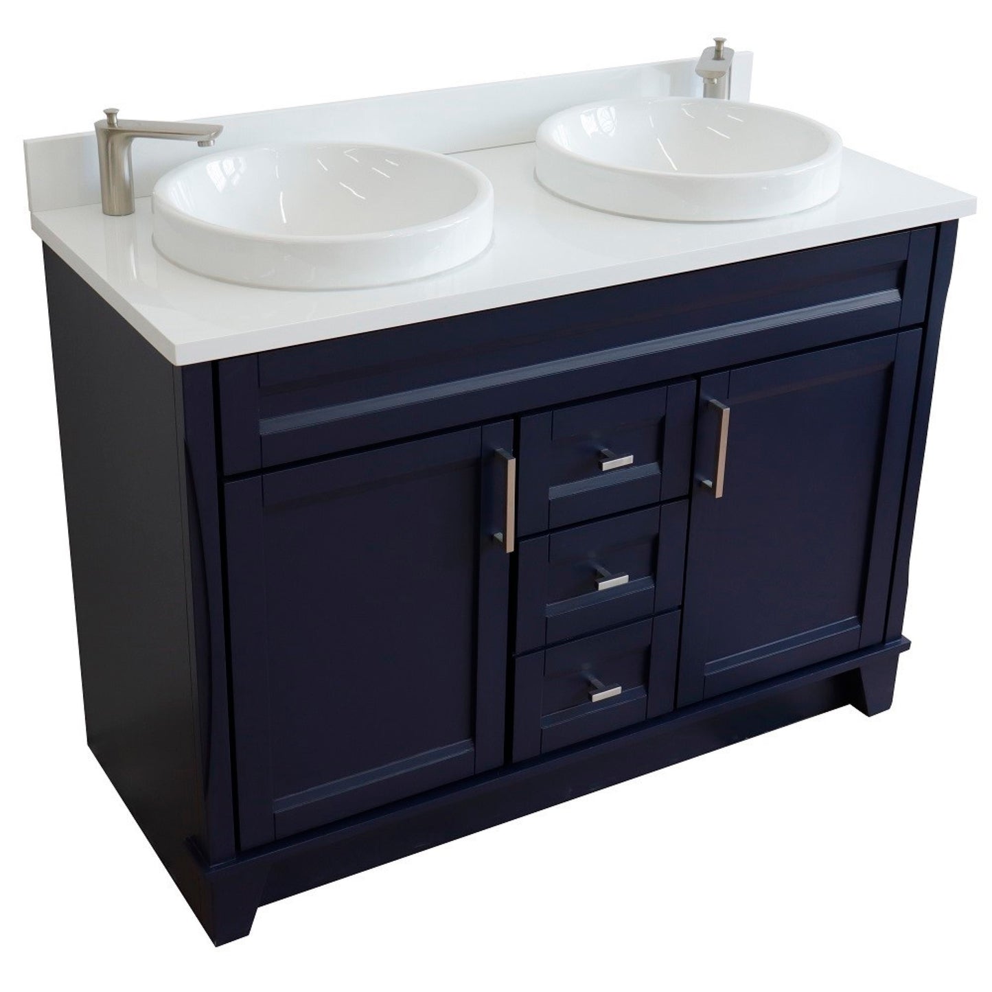 49" Double sink vanity in Blue finish with White engineered stone and round sink