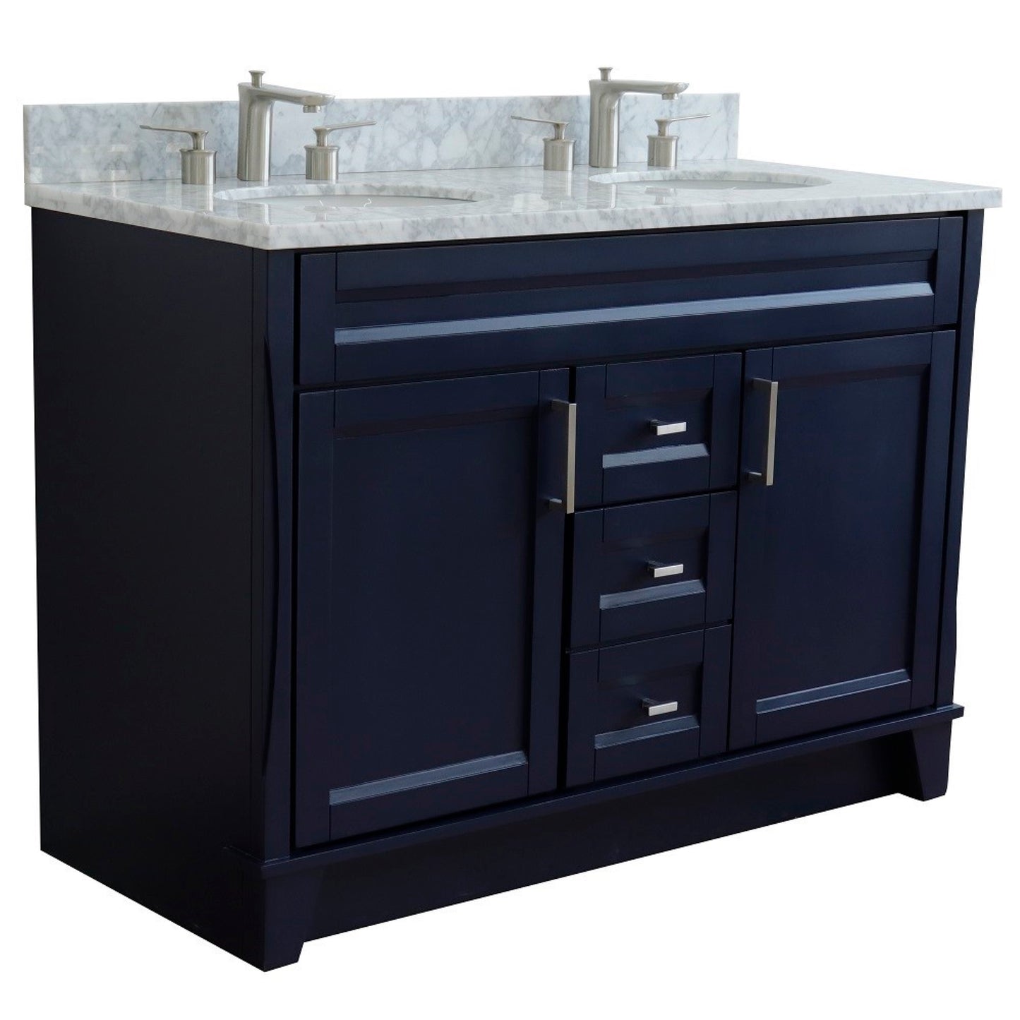 49" Double sink vanity in Blue finish with White Carrara marble and oval sink