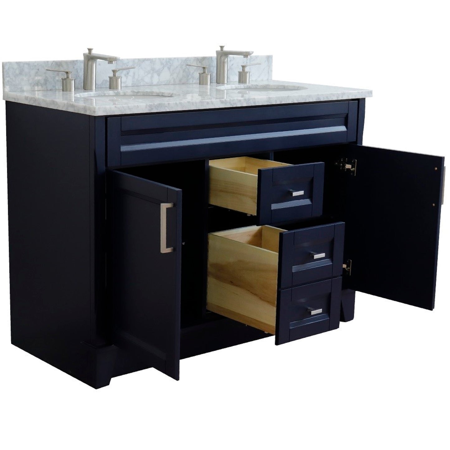 49" Double sink vanity in Blue finish with White Carrara marble and oval sink